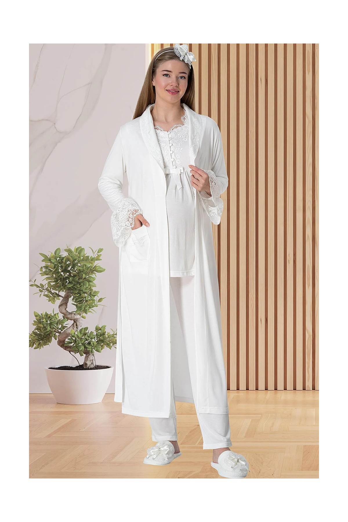 Mecit Pijama Mecit 5416 Ekru Uzun Sabahlıklı Lohusa Pjama Takımı görsel 5