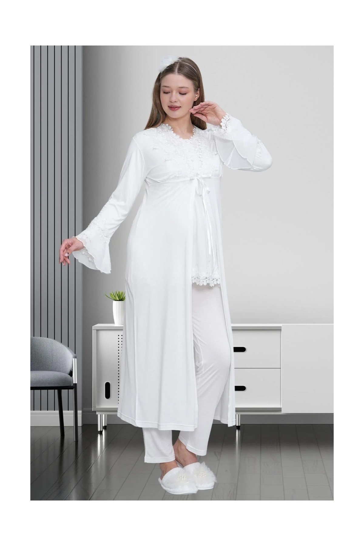 Mecit Pijama Mecit 1517 Ekru Sabahlıklı Lohusa Pijama Takımı görsel 3