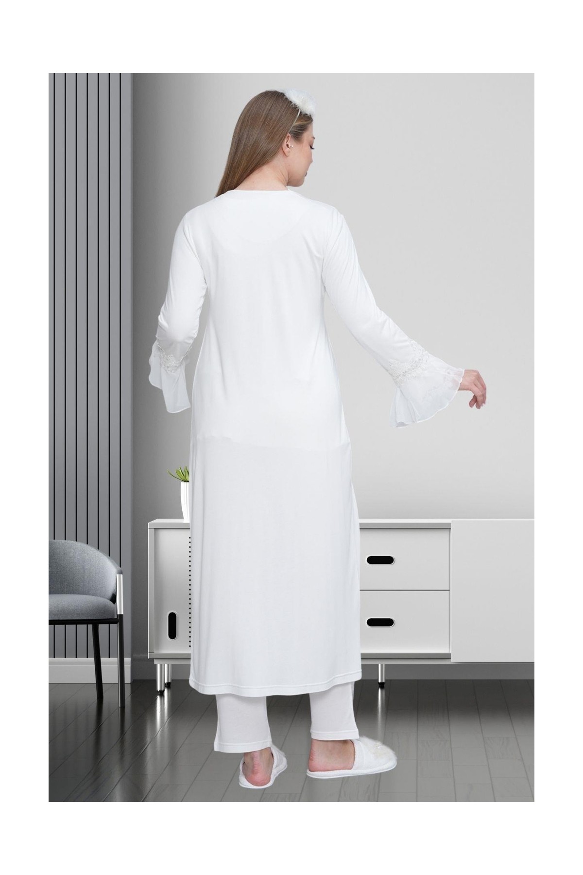 Mecit Pijama Mecit 1517 Ekru Sabahlıklı Lohusa Pijama Takımı görsel 4