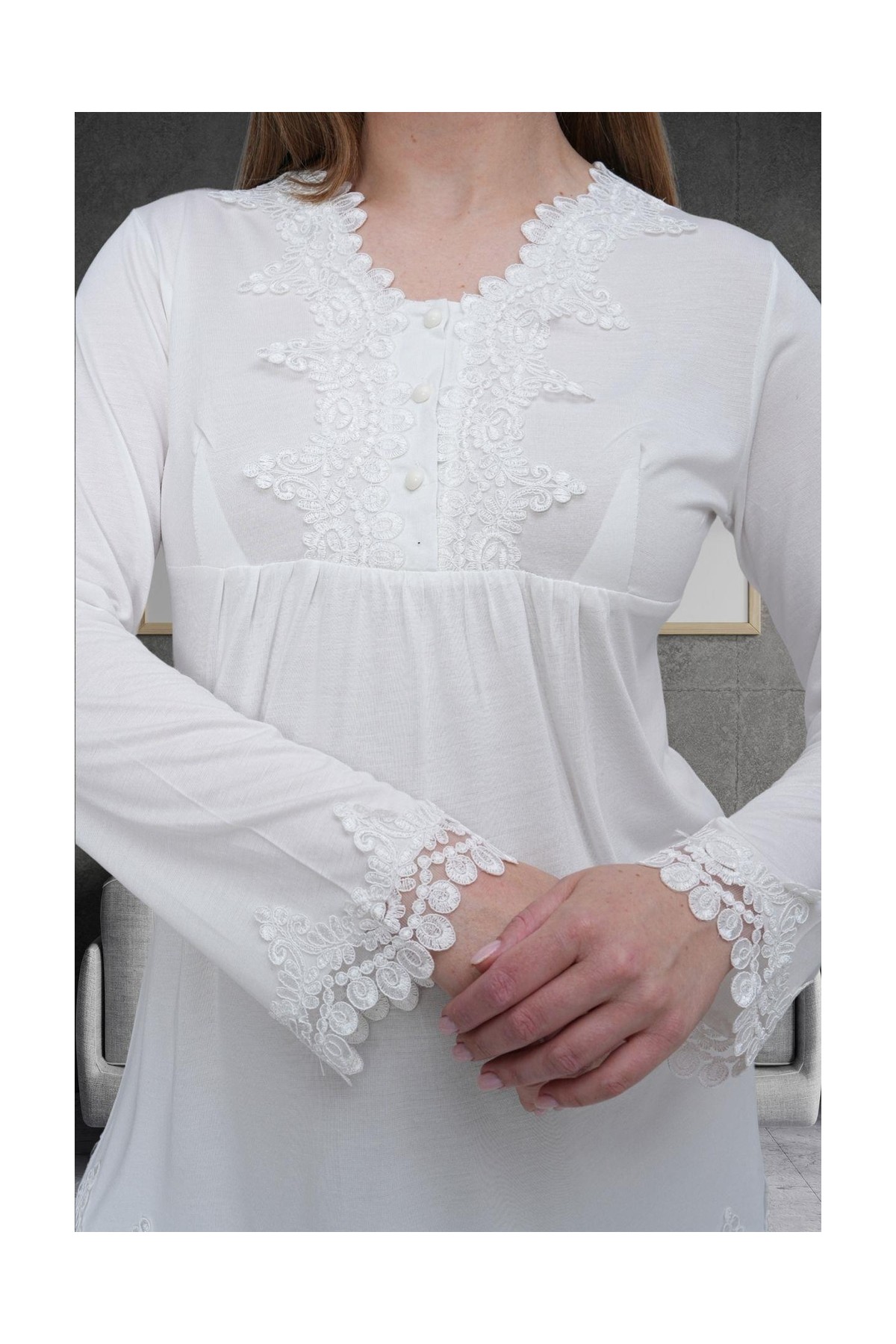 Mecit Pijama Mecit 1517 Ekru Sabahlıklı Lohusa Pijama Takımı görsel 5