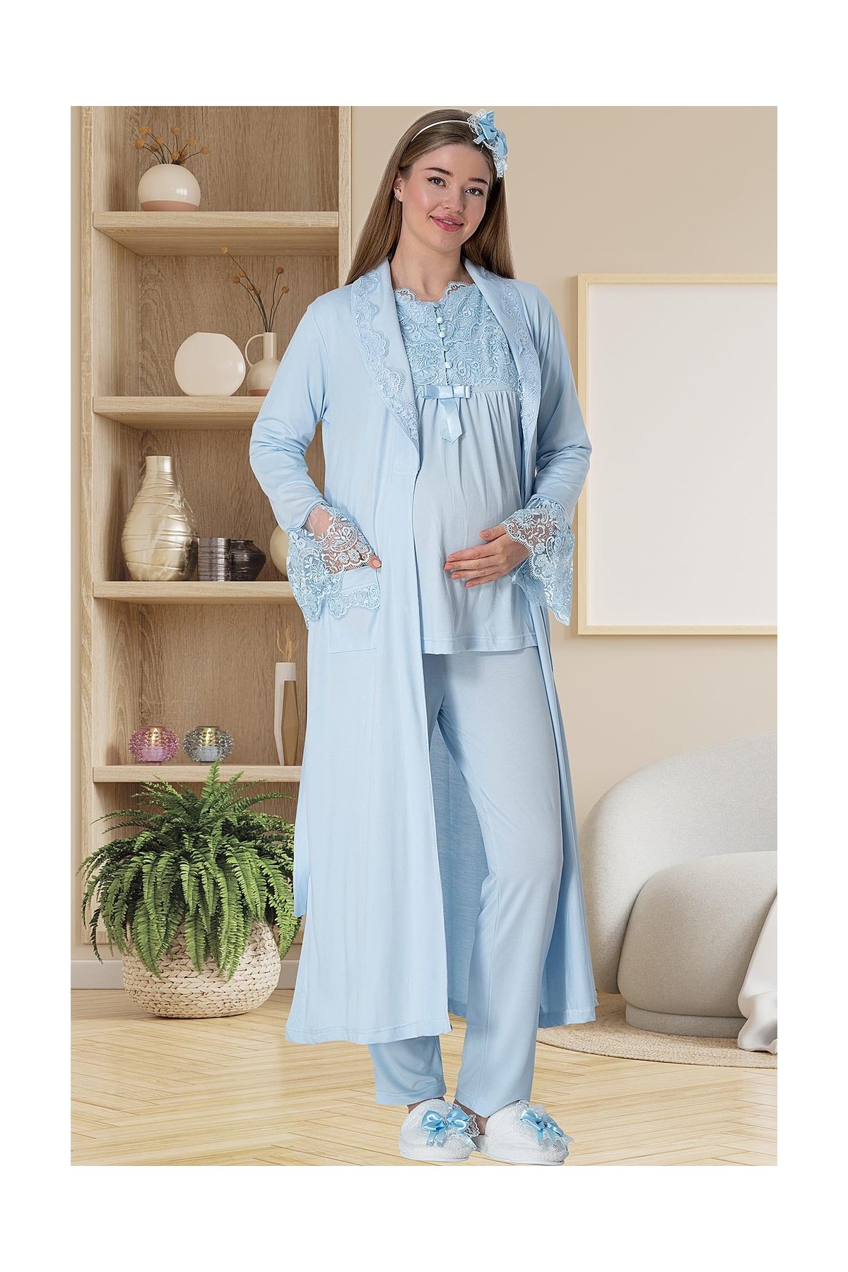 Mecit Pijama Mecit 5416 Mavi Uzun Sabahlıklı Lohusa Pjama Takımı görsel 5