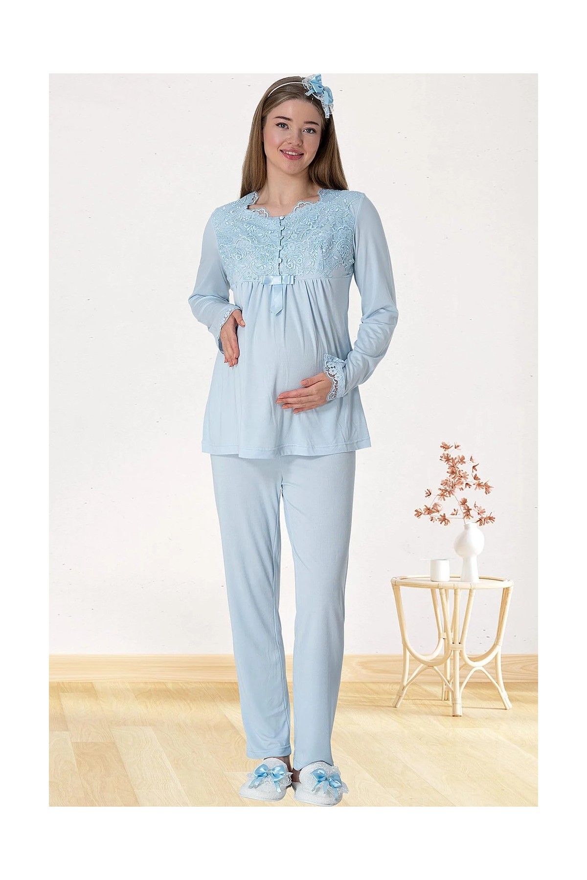 Mecit Pijama Mecit 5416 Mavi Uzun Sabahlıklı Lohusa Pjama Takımı görsel 6