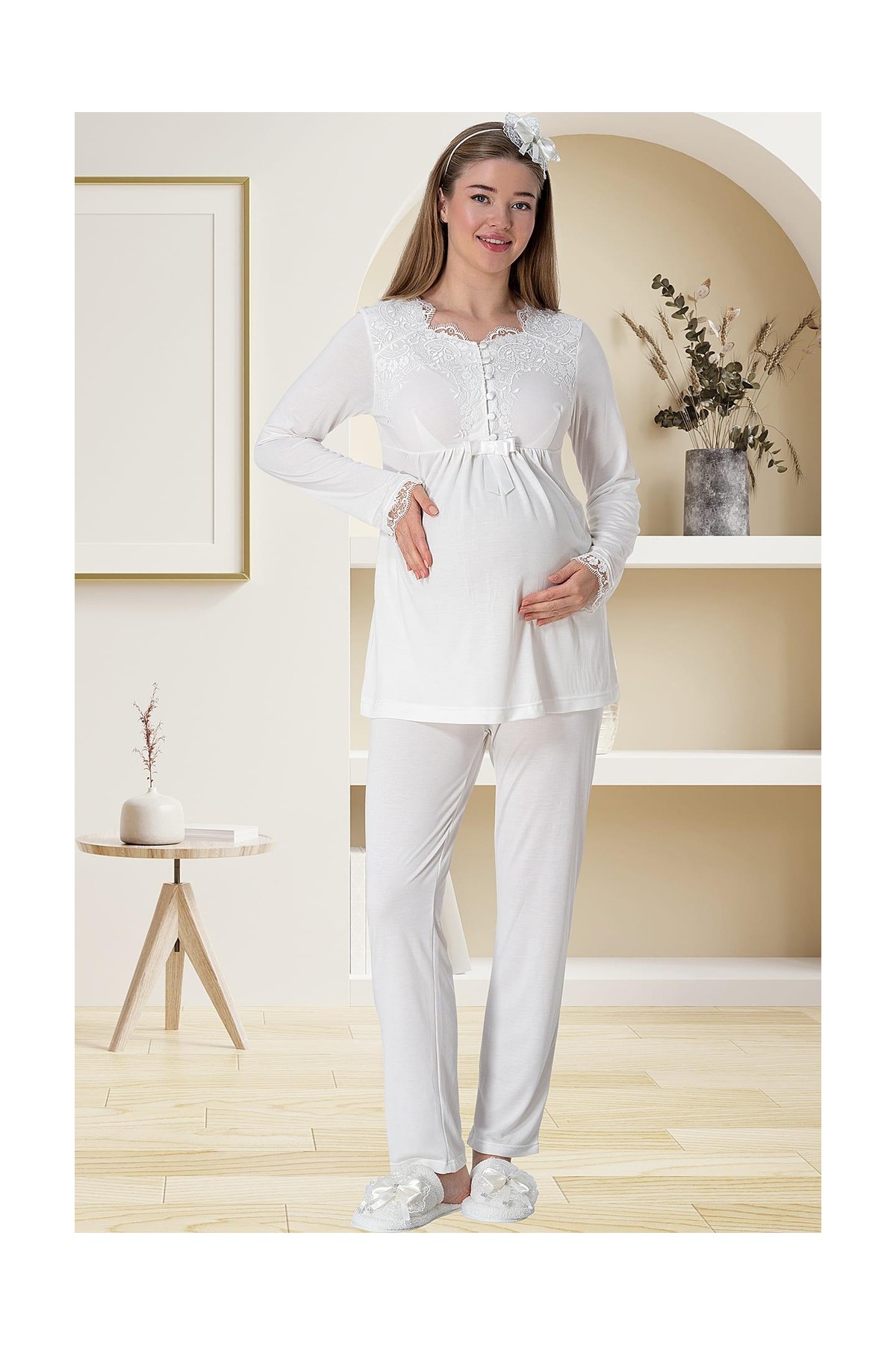Mecit Pijama Mecit 5416 Ekru Uzun Sabahlıklı Lohusa Pjama Takımı görsel 6