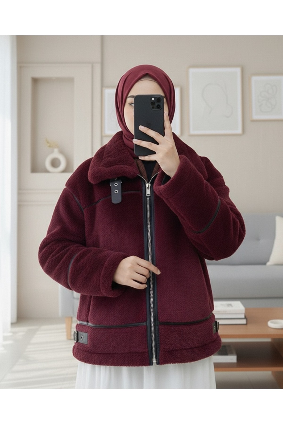 Moda Morfo Ters Detay Peluş Lamineli Deri Detaylı Mont -Bordo görsel 2