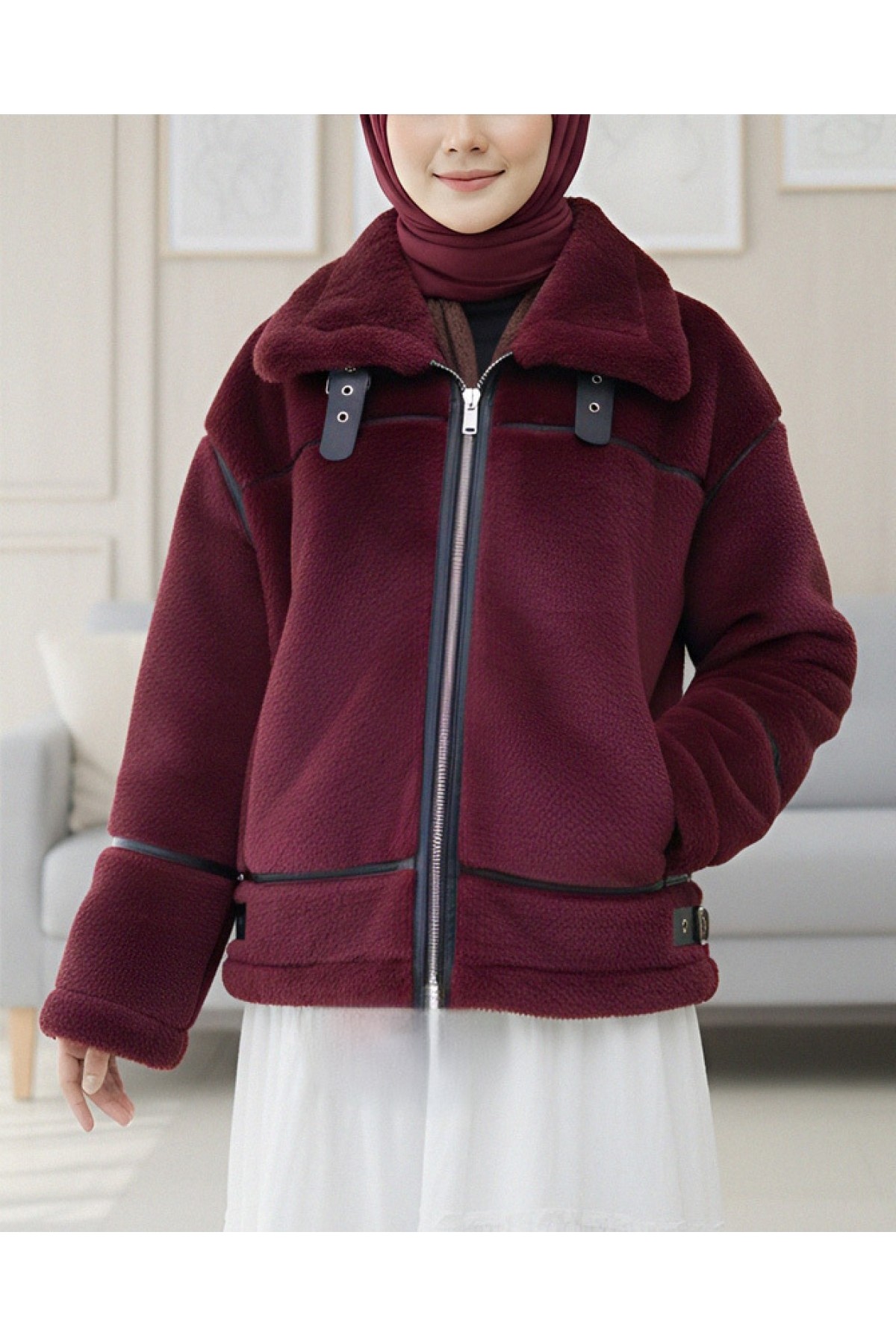 Moda Morfo Ters Detay Peluş Lamineli Deri Detaylı Mont -Bordo görsel 3