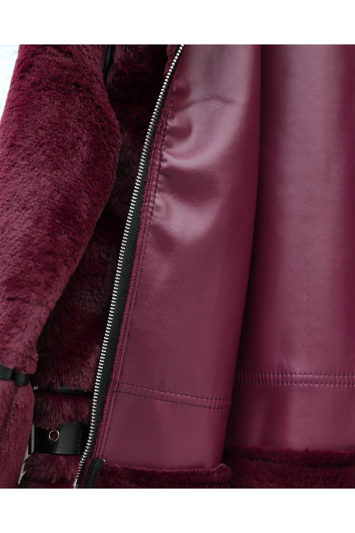 Moda Morfo Ters Detay Peluş Lamineli Deri Detaylı Mont -Bordo görsel 6