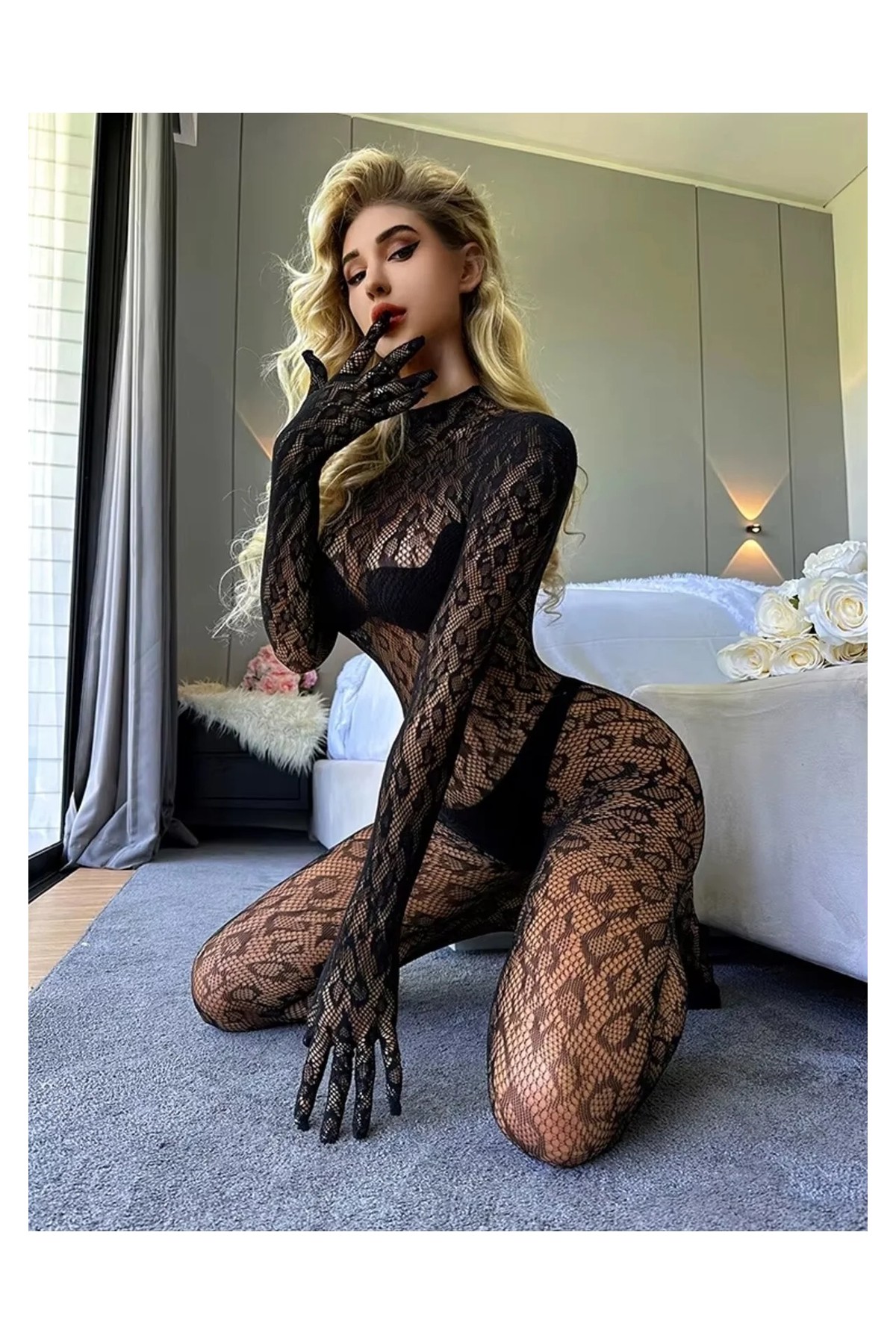 Byen Giyim Siyah Kadın Leopar Desenli Vücut Çorabı, Fishnet, Fantazi Giyim, Bodysuit