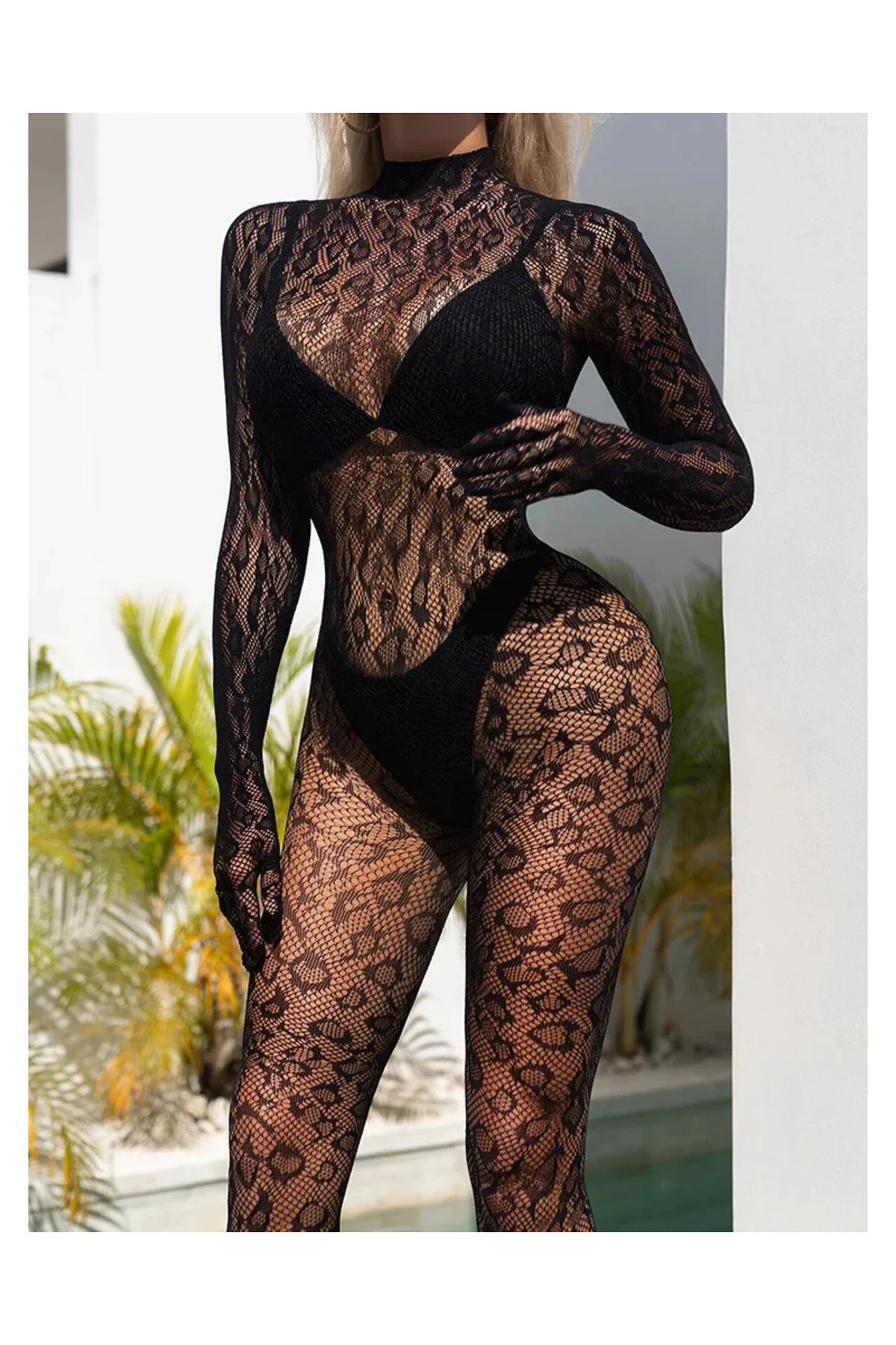 Byen Giyim Siyah Kadın Leopar Desenli Vücut Çorabı, Fishnet, Fantazi Giyim, Bodysuit görsel 2