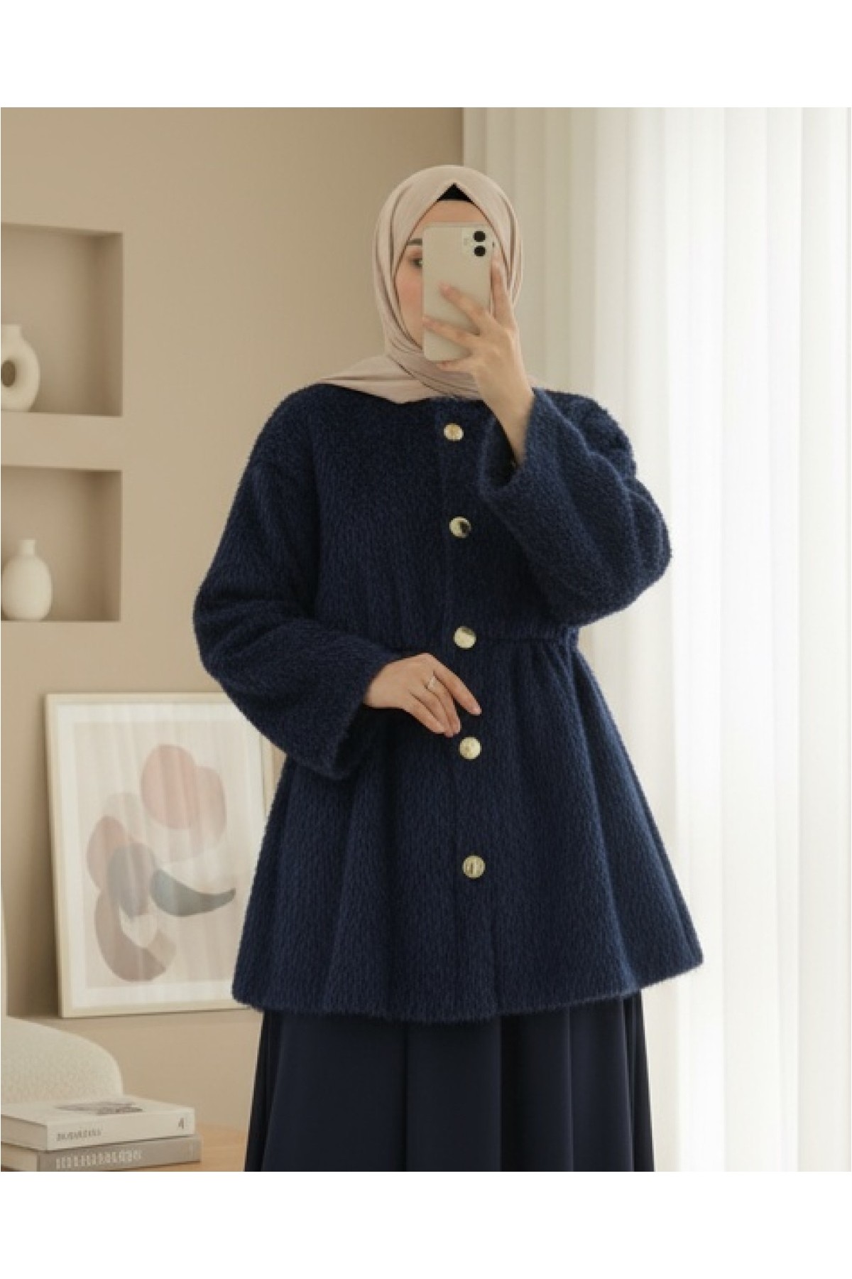 Moda Morfo İçi Astarlı Beli Büzgülü Kürklü Ceket -Krem görsel 5