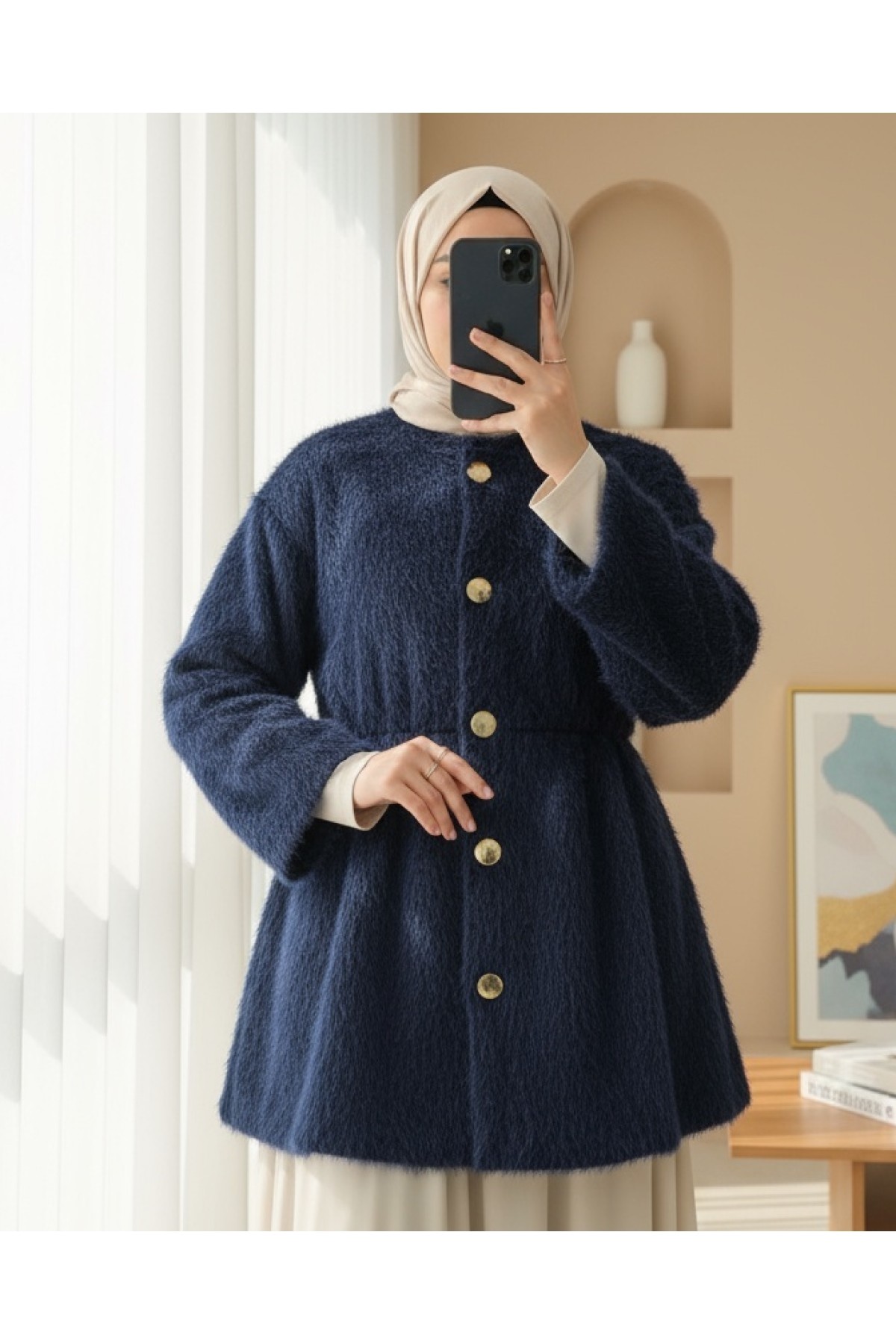 Moda Morfo İçi Astarlı Beli Büzgülü Kürklü Ceket -Krem görsel 6