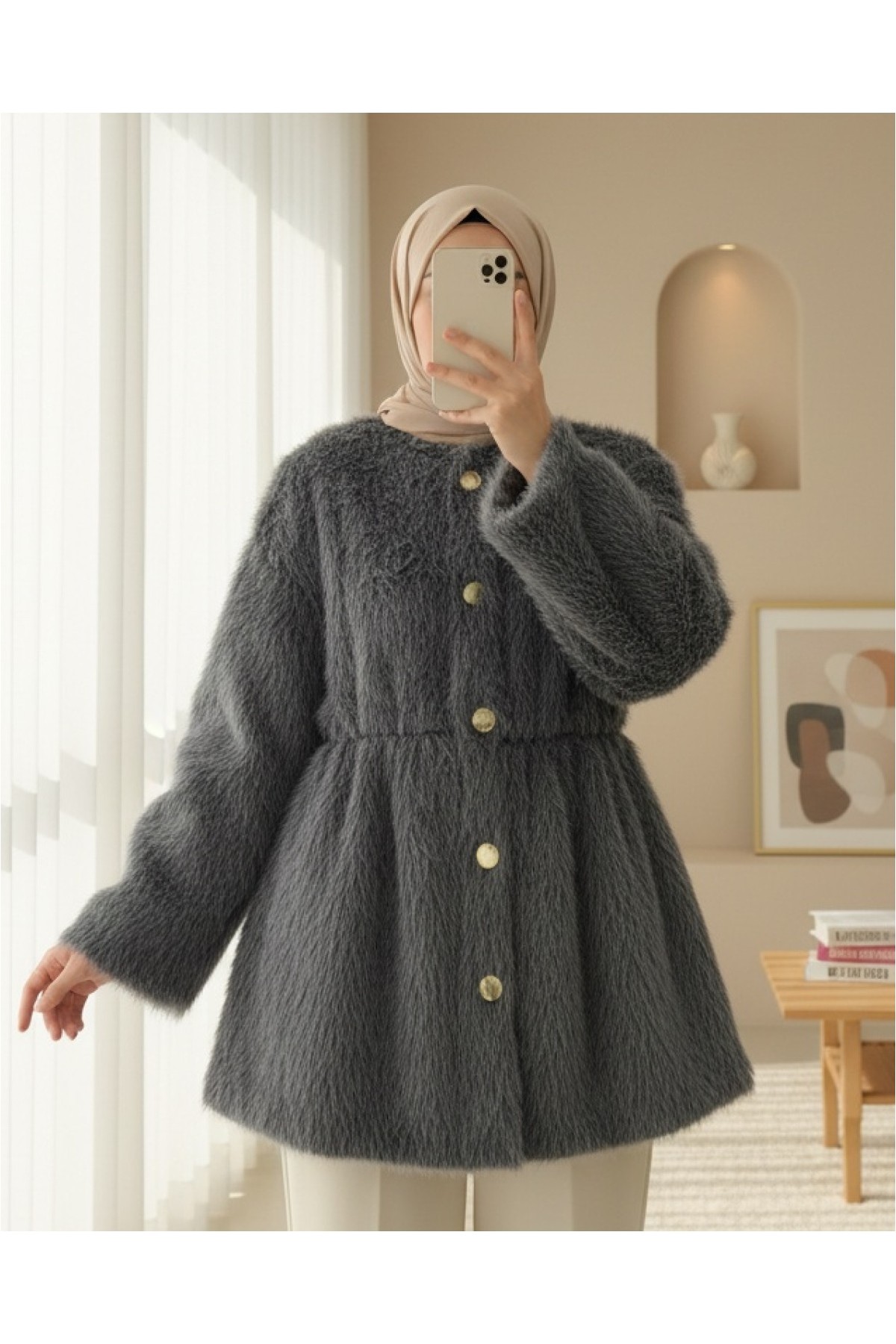 Moda Morfo İçi Astarlı Beli Büzgülü Kürklü Ceket -Krem