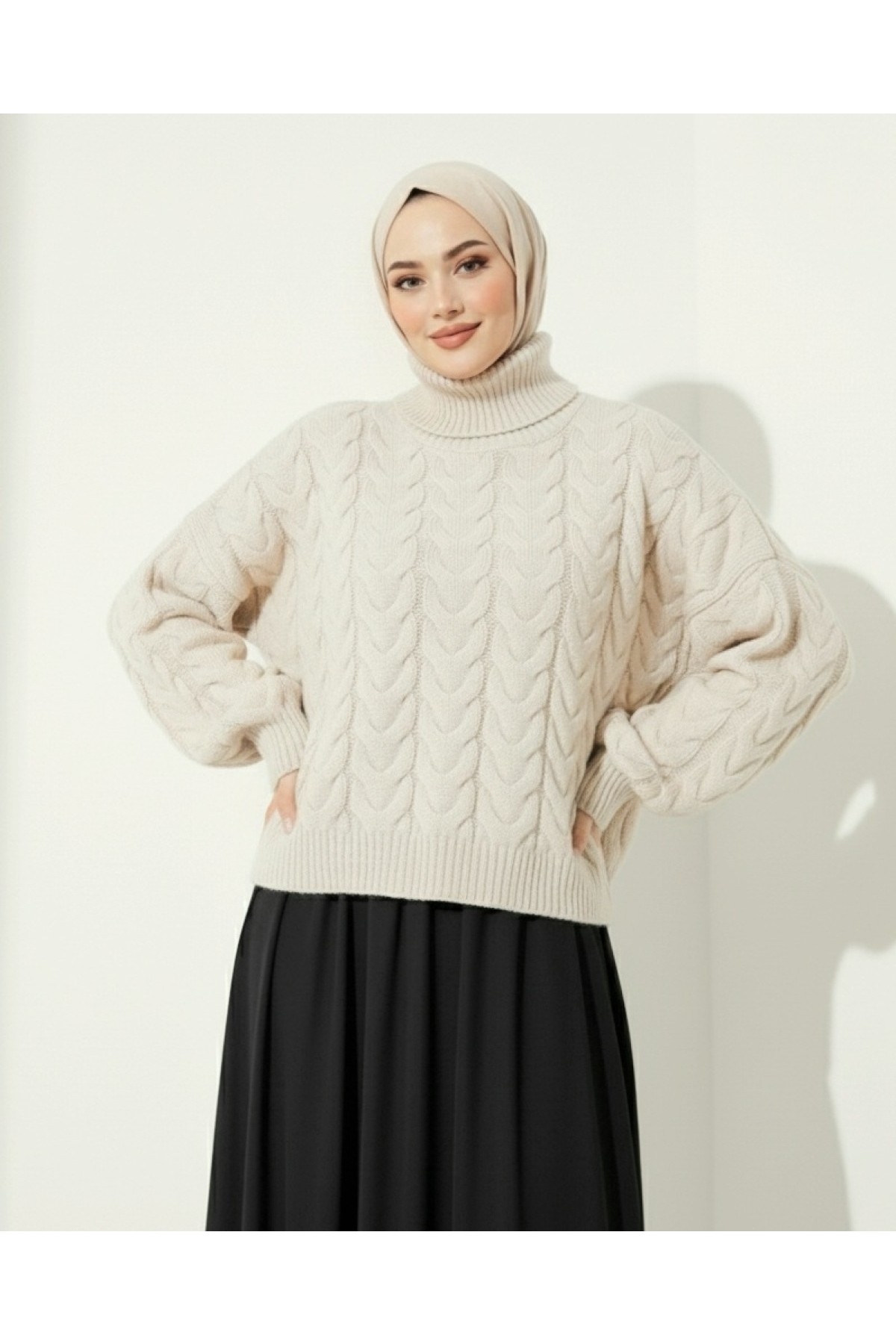 Moda Morfo Örgü Desenli Boğazlı Triko Kazak -Ekru görsel 2