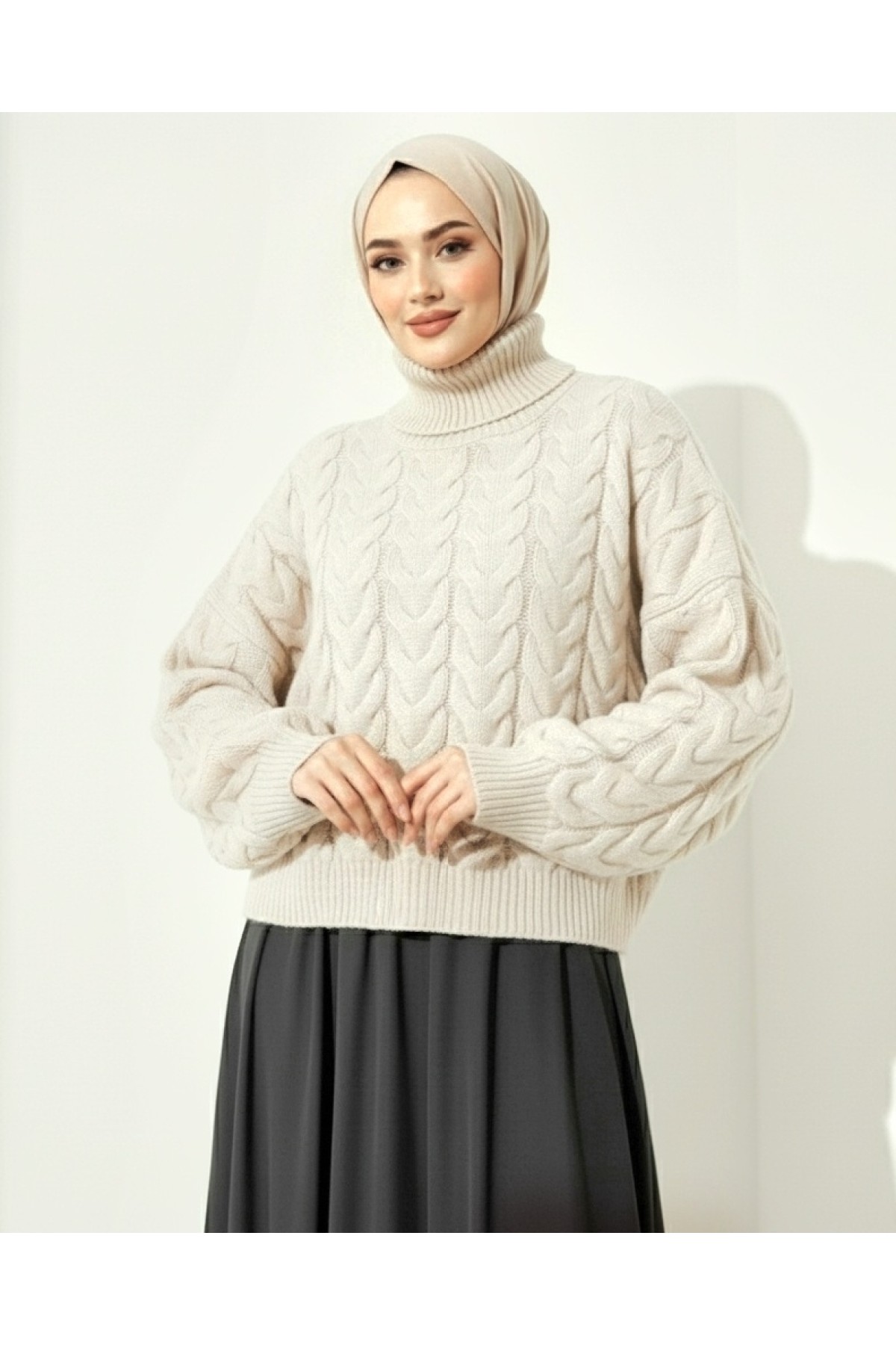 Moda Morfo Örgü Desenli Boğazlı Triko Kazak -Ekru görsel 3