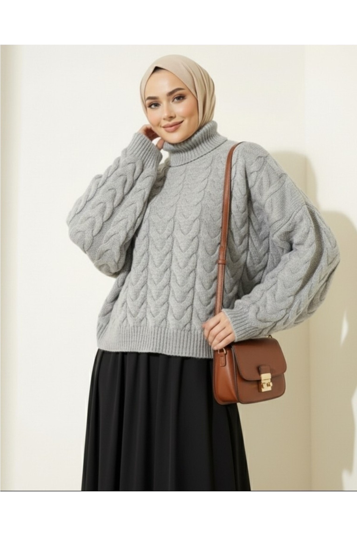 Moda Morfo Örgü Desenli Boğazlı Triko Kazak -Ekru görsel 8