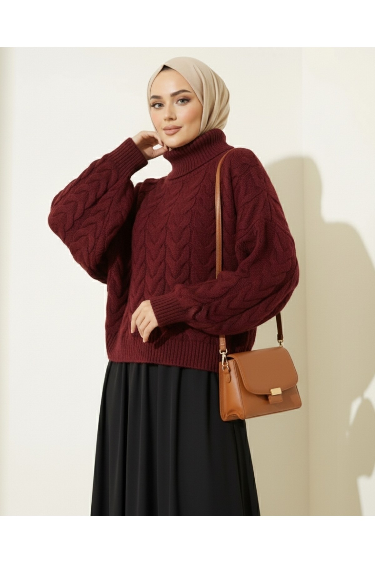 Moda Morfo Örgü Desenli Boğazlı Triko Kazak -Ekru görsel 4