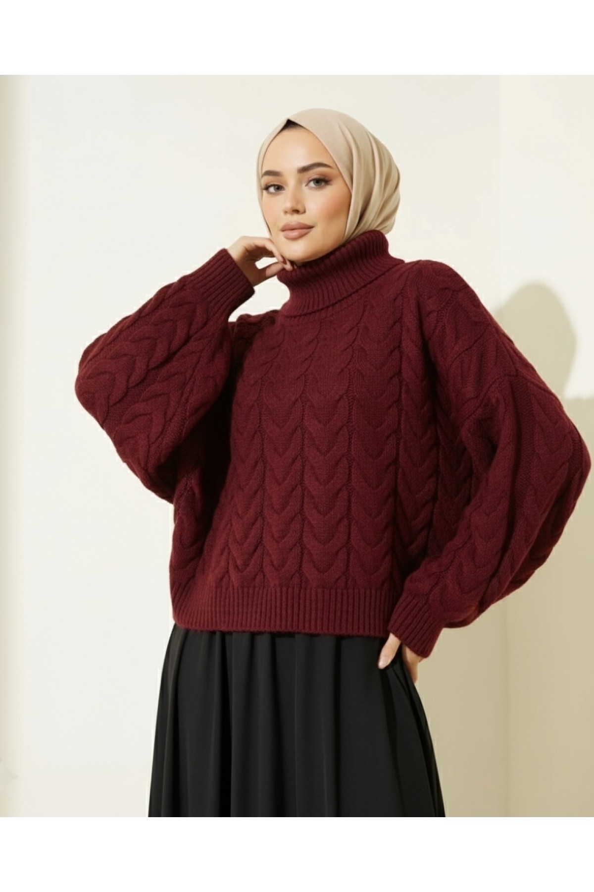 Moda Morfo Örgü Desenli Boğazlı Triko Kazak -Ekru görsel 5