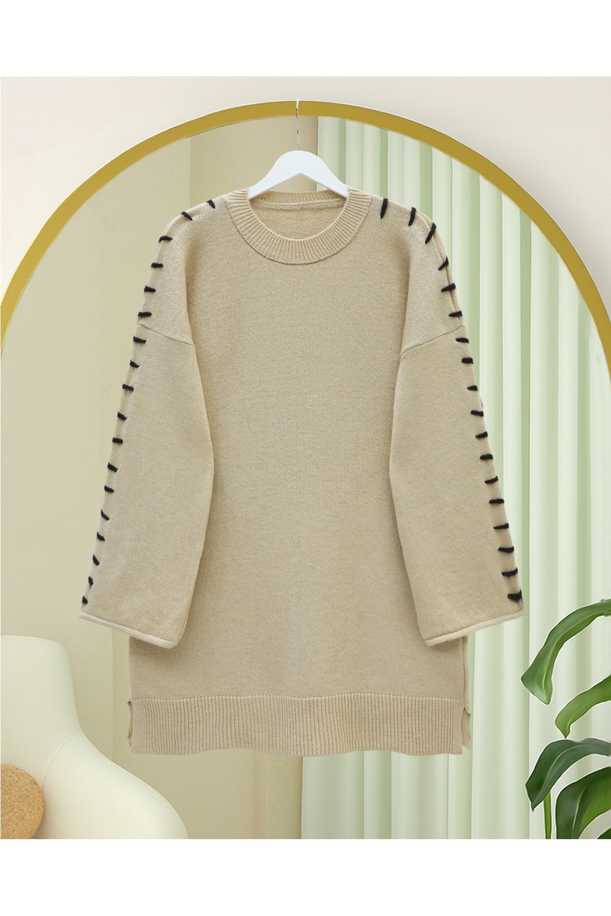 Moda Morfo Kolları İpli Çizgili Yumoş Triko Tunik -Bordo