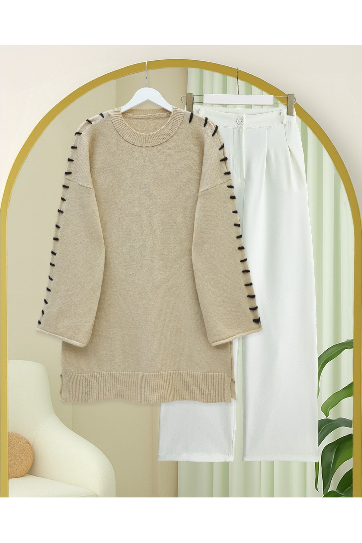 Moda Morfo Kolları İpli Çizgili Yumoş Triko Tunik -Bordo görsel 2