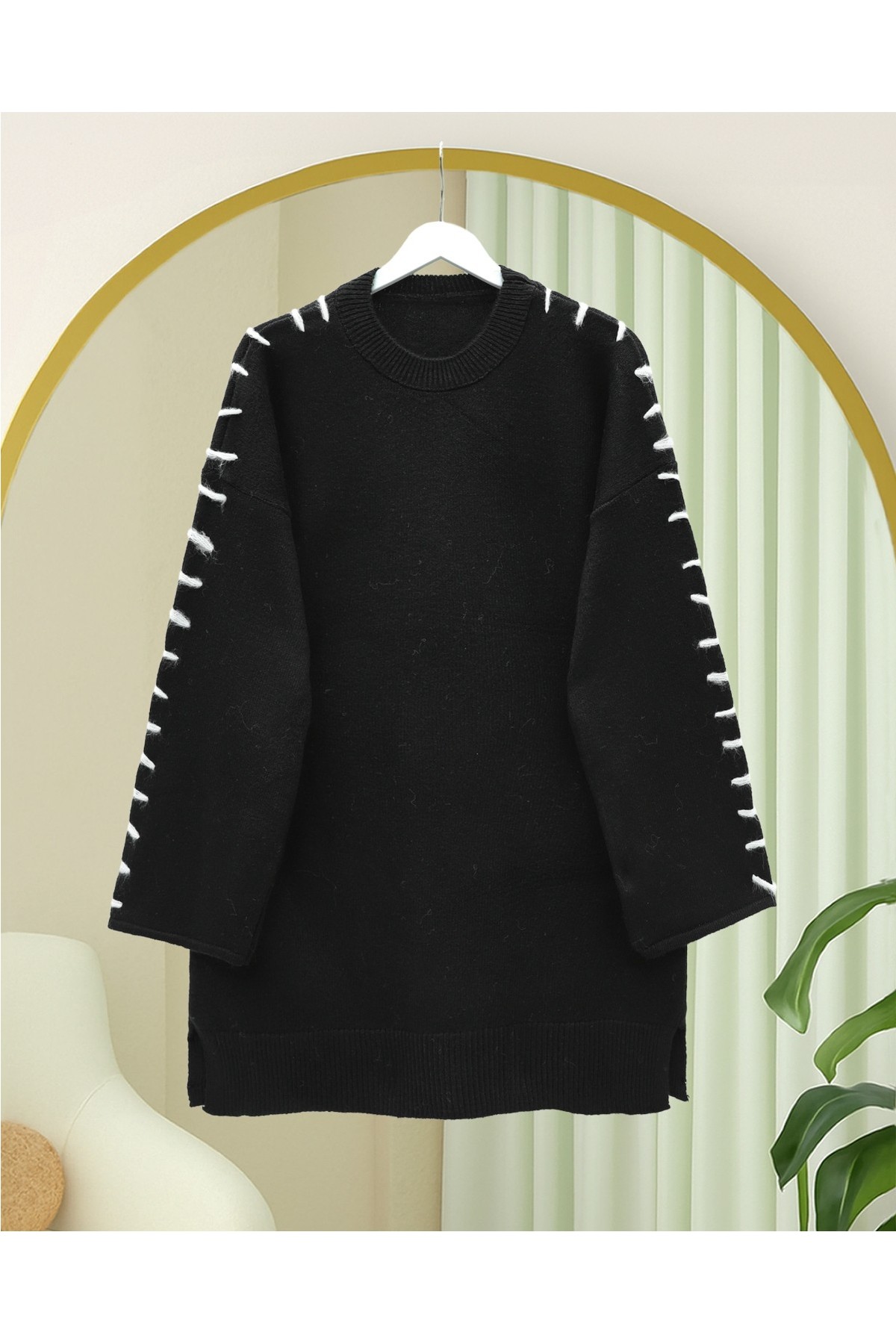 Moda Morfo Kolları İpli Çizgili Yumoş Triko Tunik -Bordo görsel 5