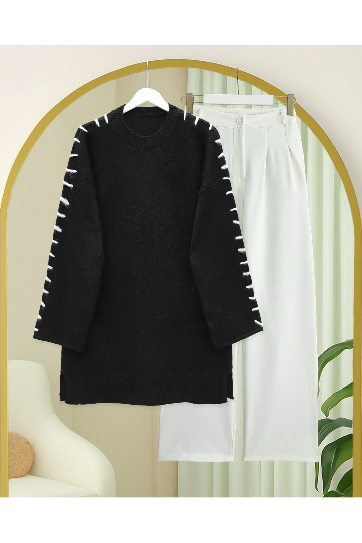 Moda Morfo Kolları İpli Çizgili Yumoş Triko Tunik -Bordo görsel 8