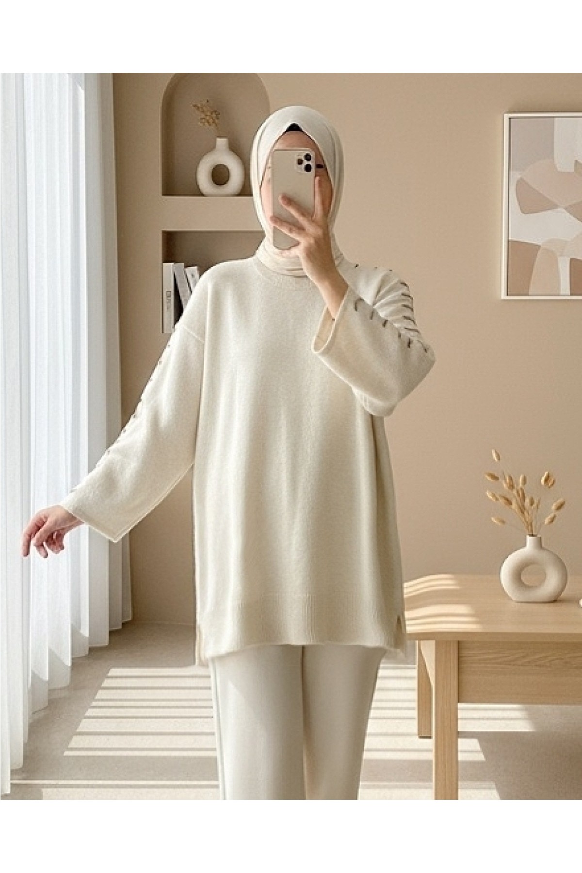 Moda Morfo Kolları İpli Çizgili Yumoş Triko Tunik -Bordo