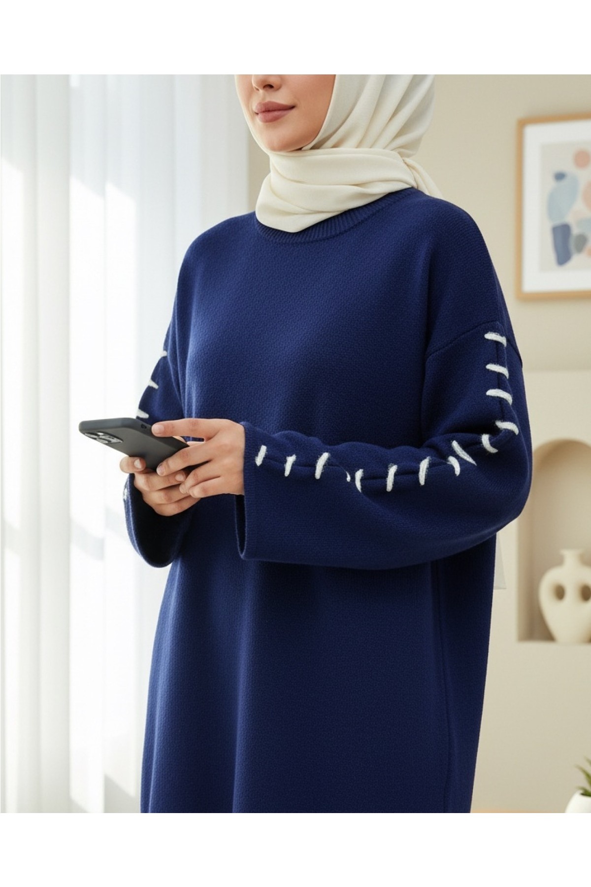 Moda Morfo Kolları İpli Çizgili Yumoş Triko Tunik -Bordo