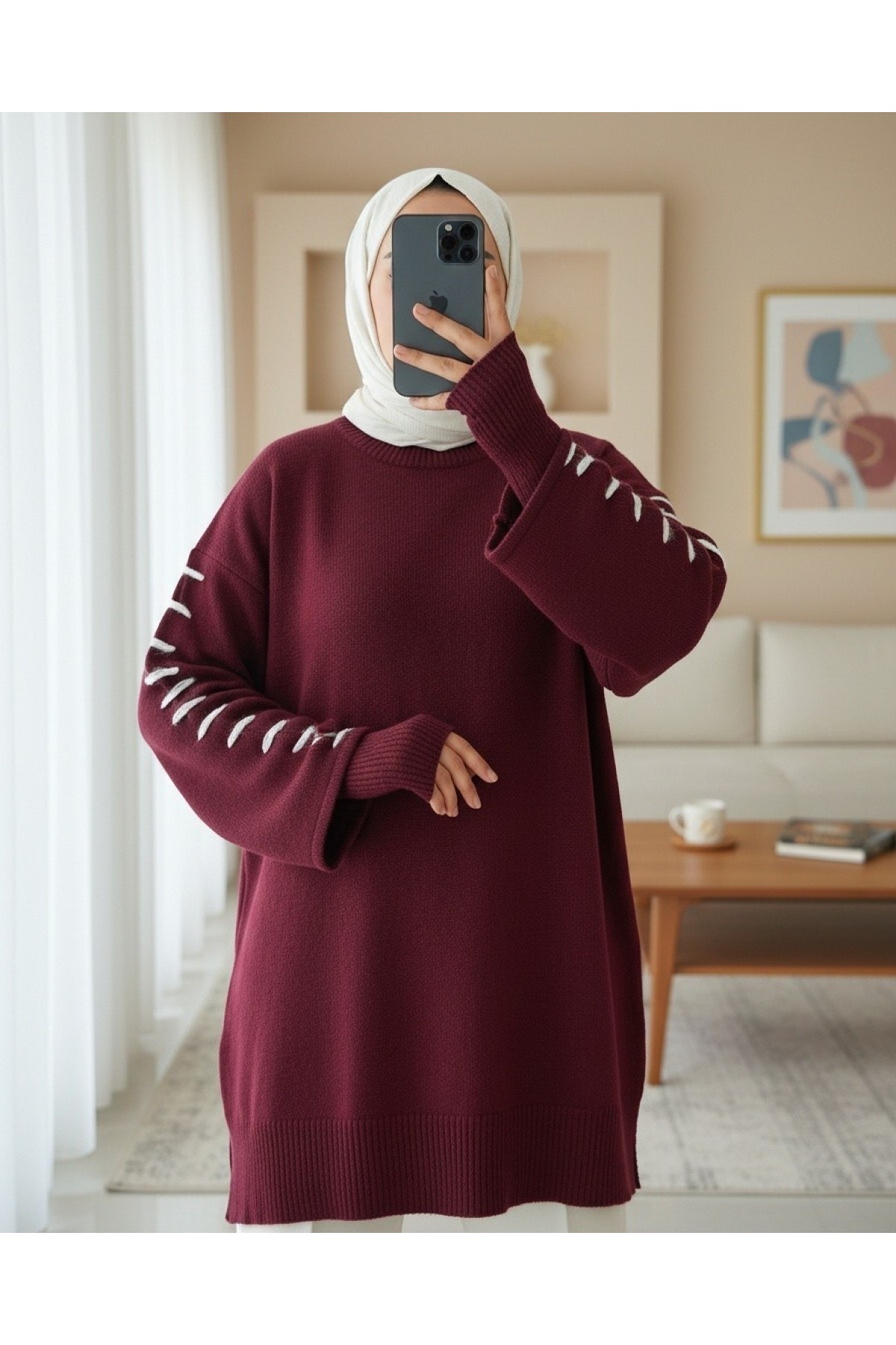 Moda Morfo Kolları İpli Çizgili Yumoş Triko Tunik -Bordo
