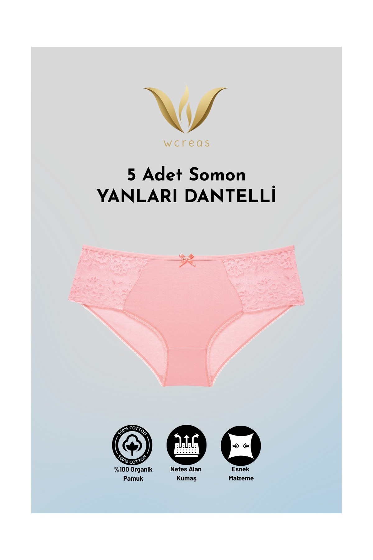 wcreas Yanları Dantelli Pamuklu Kadın Bato Külot, 5'li Paket Pamuklu Yumuşak Kumaş Dantelli Külot görsel 5