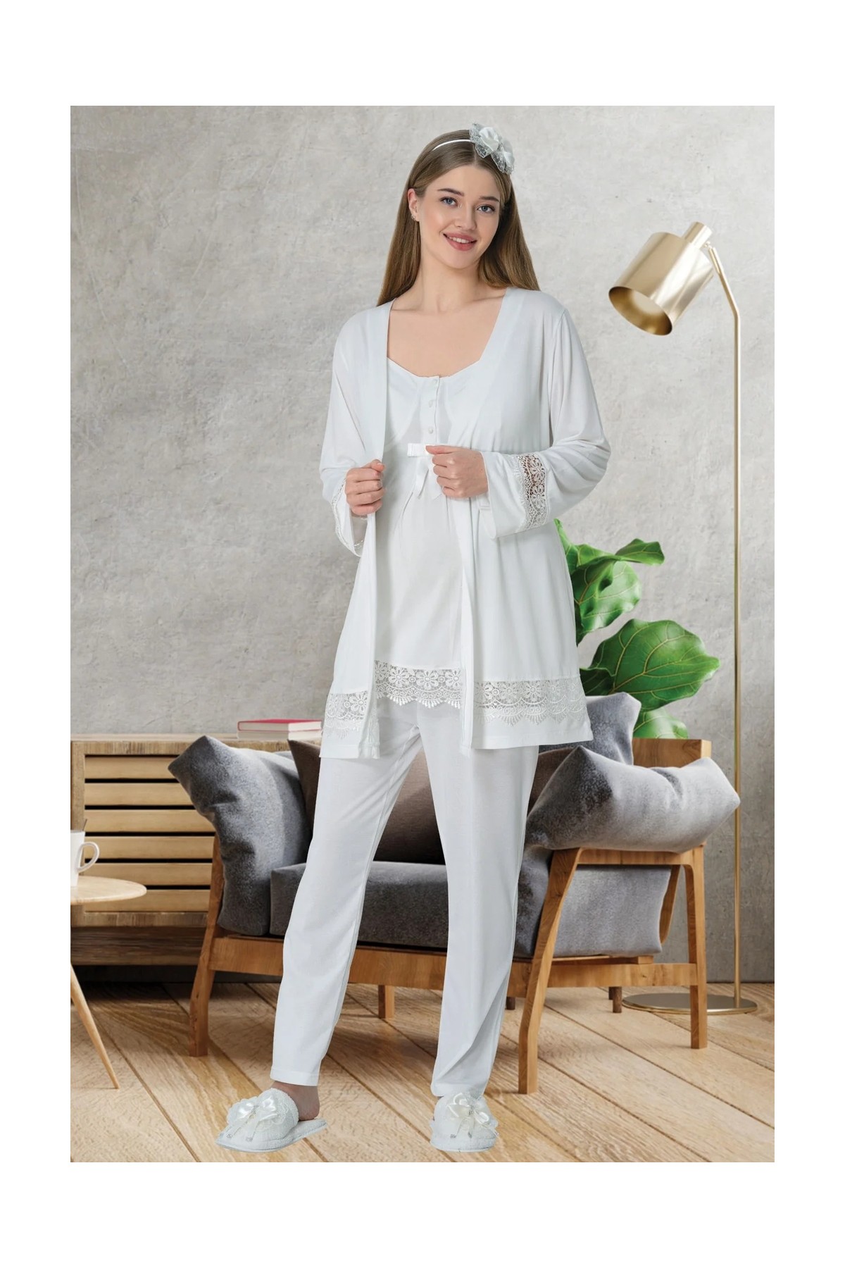 Mecit Pijama Mecit 1525 Ekru Sabahlıklı Lohusa Pijama Takımı görsel 3