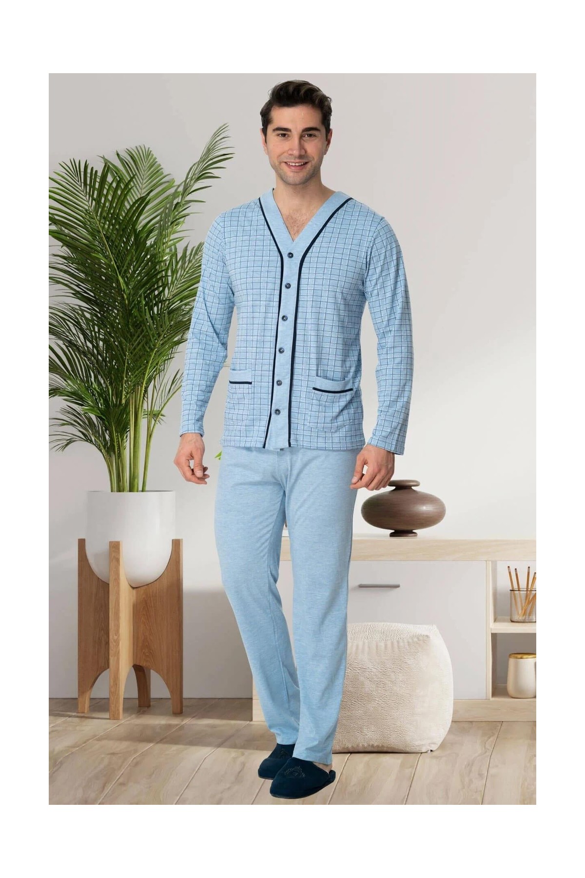 By Mecit Pijama Mecit 2767 Mavi Önden Düğmeli Büyük Beden Erkek Pijama Takımı görsel 2
