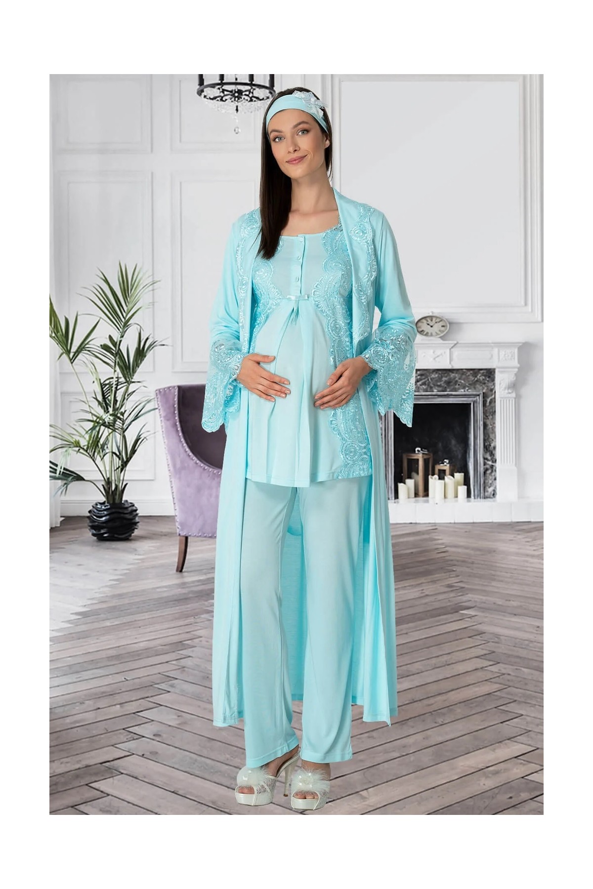 By Mecit Pijama Mecit 5353 Turkuaz Sabahlıklı Lohusa Pijama Takımı görsel 3