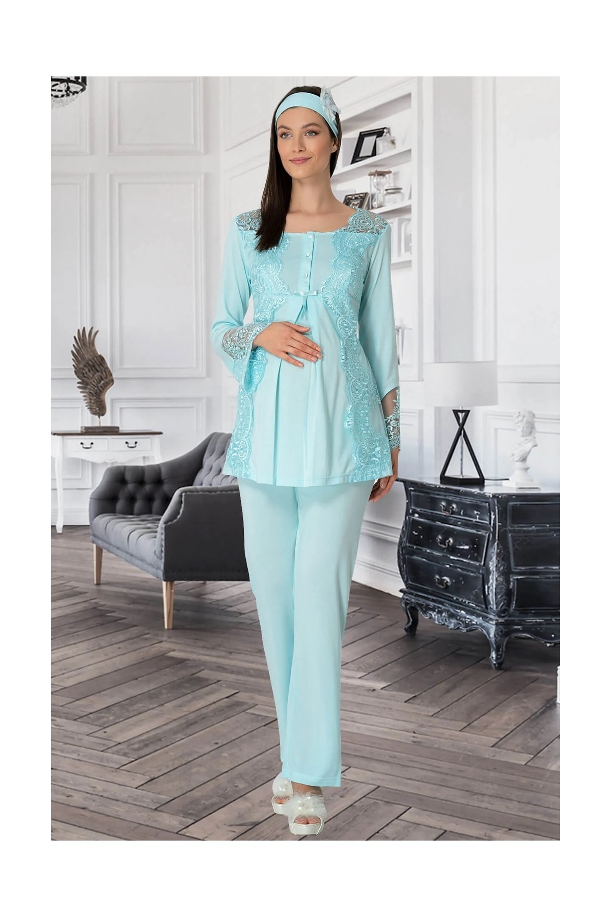 By Mecit Pijama Mecit 5353 Turkuaz Sabahlıklı Lohusa Pijama Takımı görsel 4