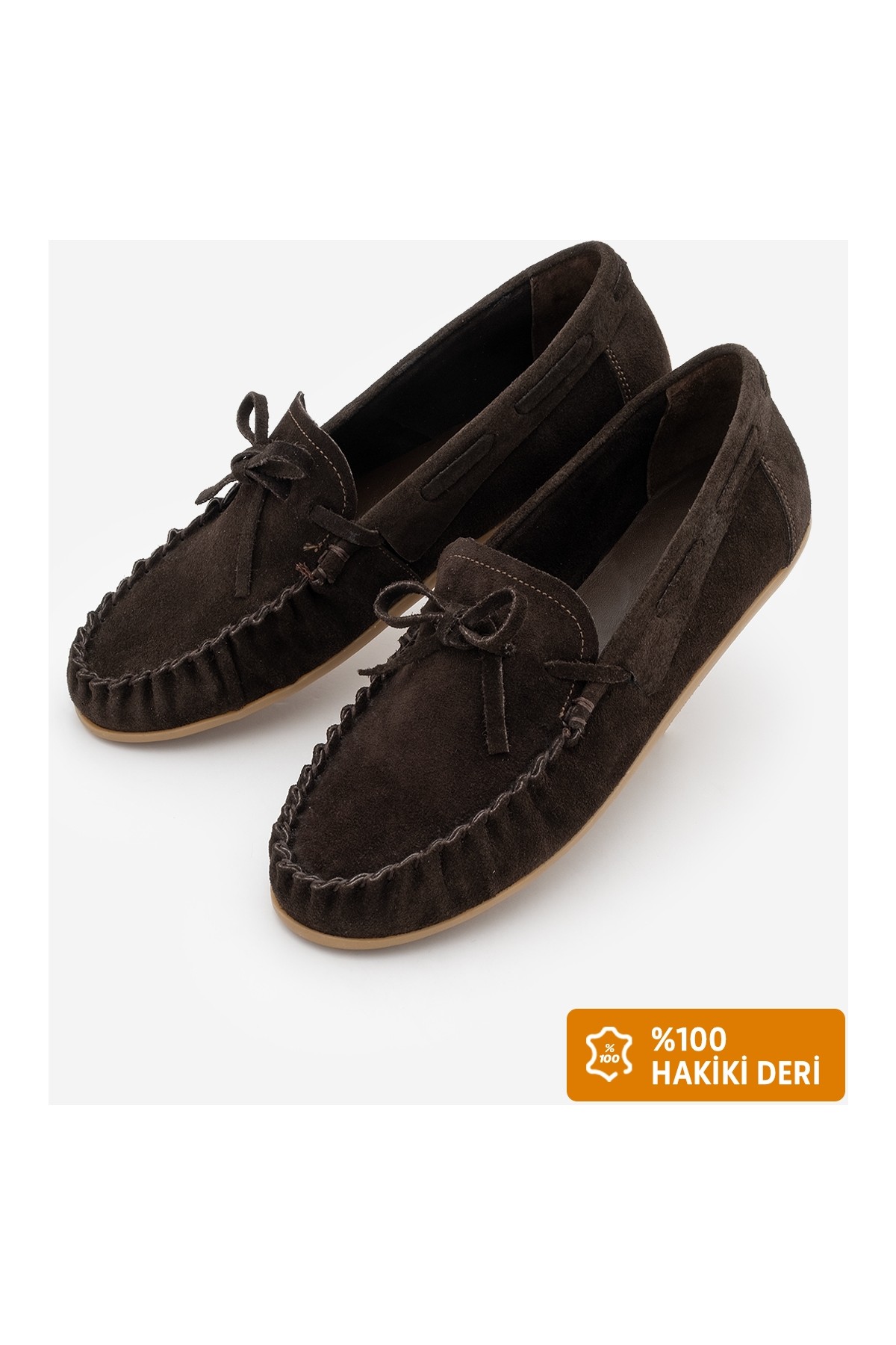 Marjin Kadın Oval Burun Hakiki Deri Bağlamalı Fiyonklu Makosen Dikişli Büzgülü Loafer Günlük Ayakkabı Tavon Camel Süet görsel 2