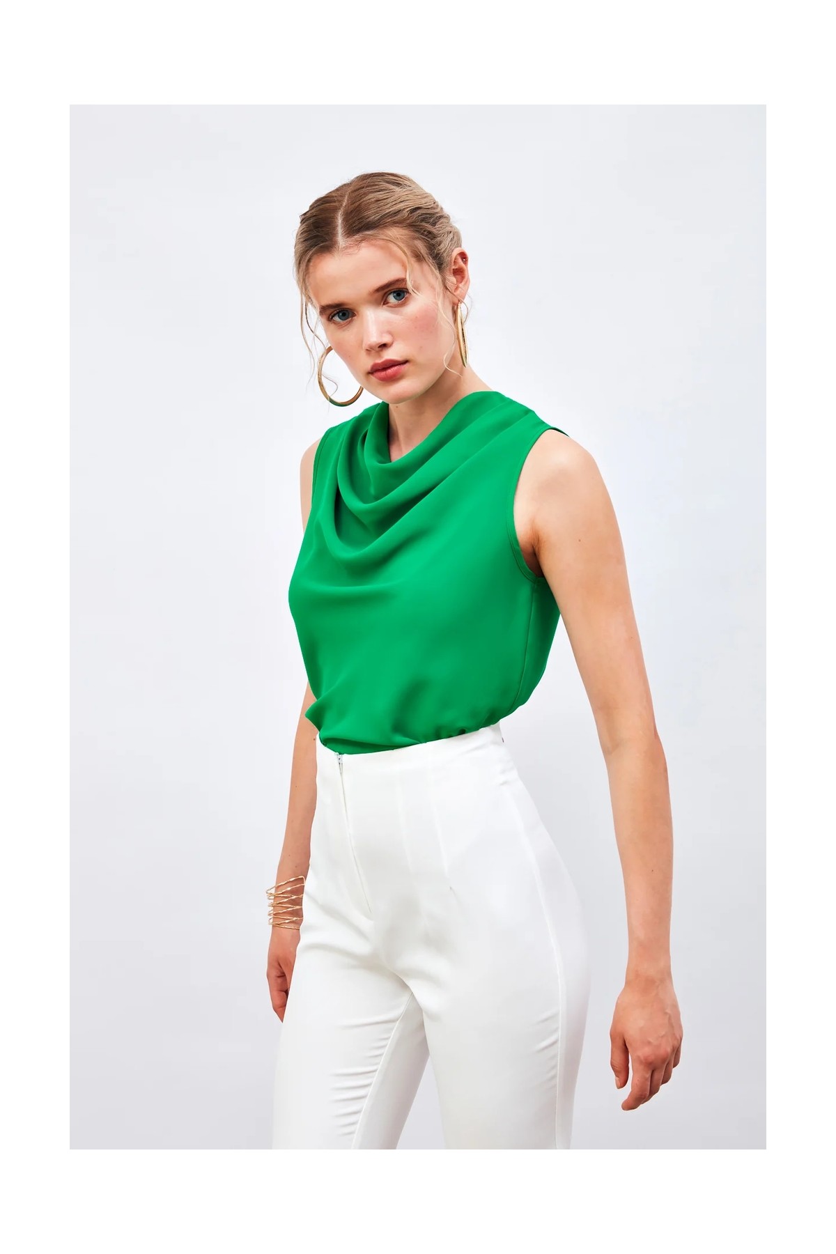 Sateen Degaje Yaka Kolsuz Bluz - Yeşil görsel 2