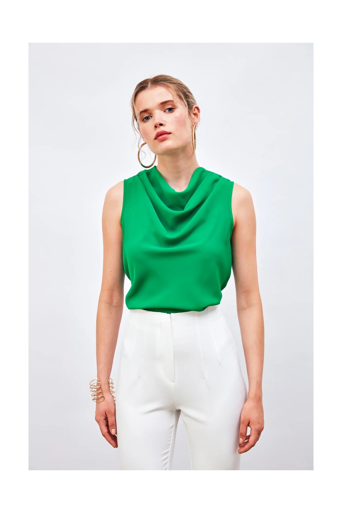 Sateen Degaje Yaka Kolsuz Bluz - Yeşil görsel 4