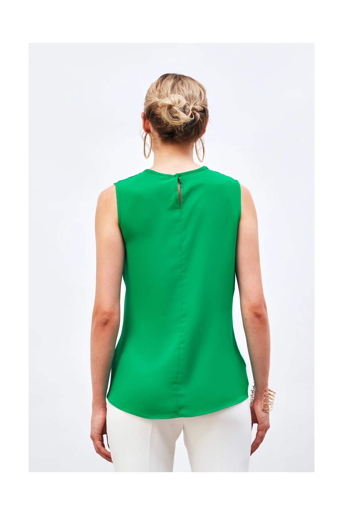 Sateen Degaje Yaka Kolsuz Bluz - Yeşil görsel 6