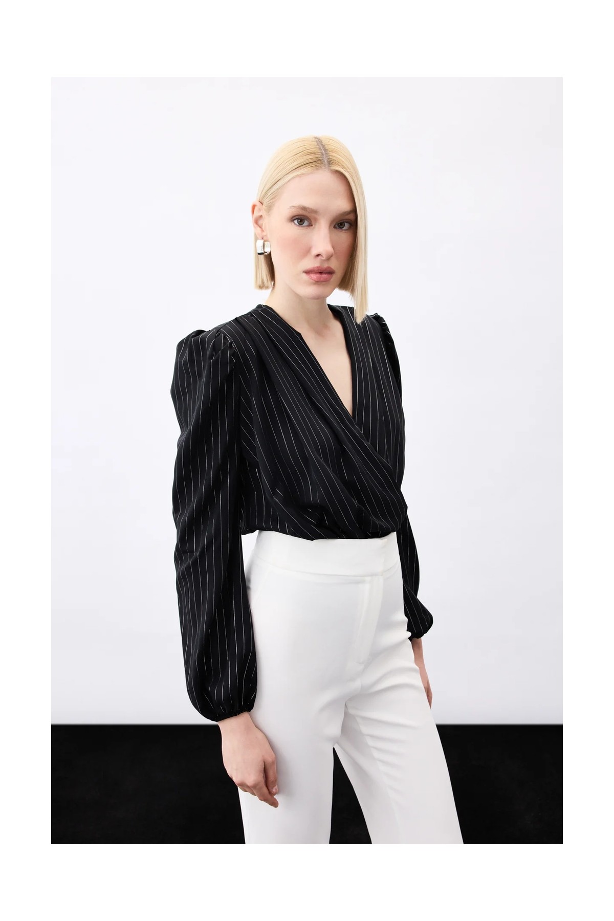 Sateen Parlak Çizgili Bodysuit Bluz - Siyah görsel 8
