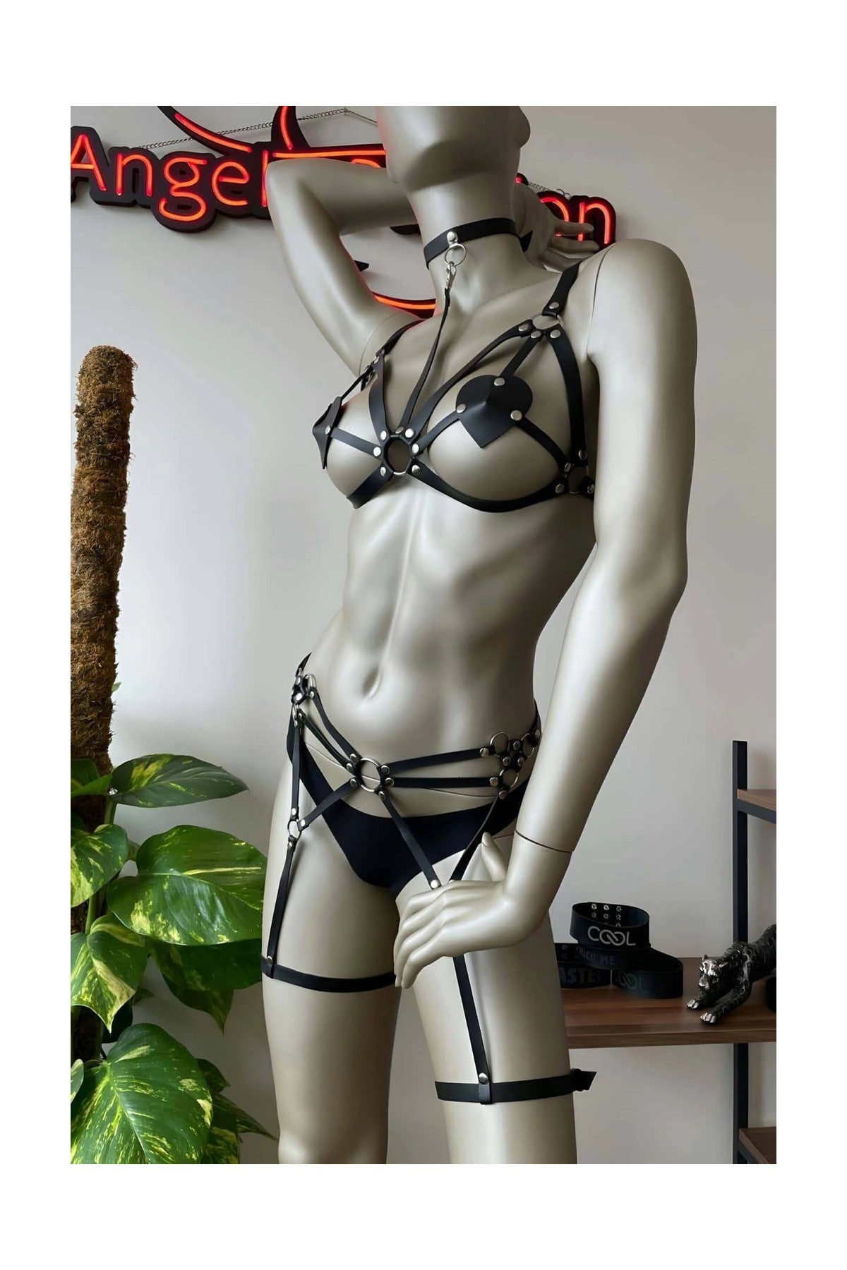Liyuza Deri Jartiyer Siyah Harness Takım - BRF451 görsel 5