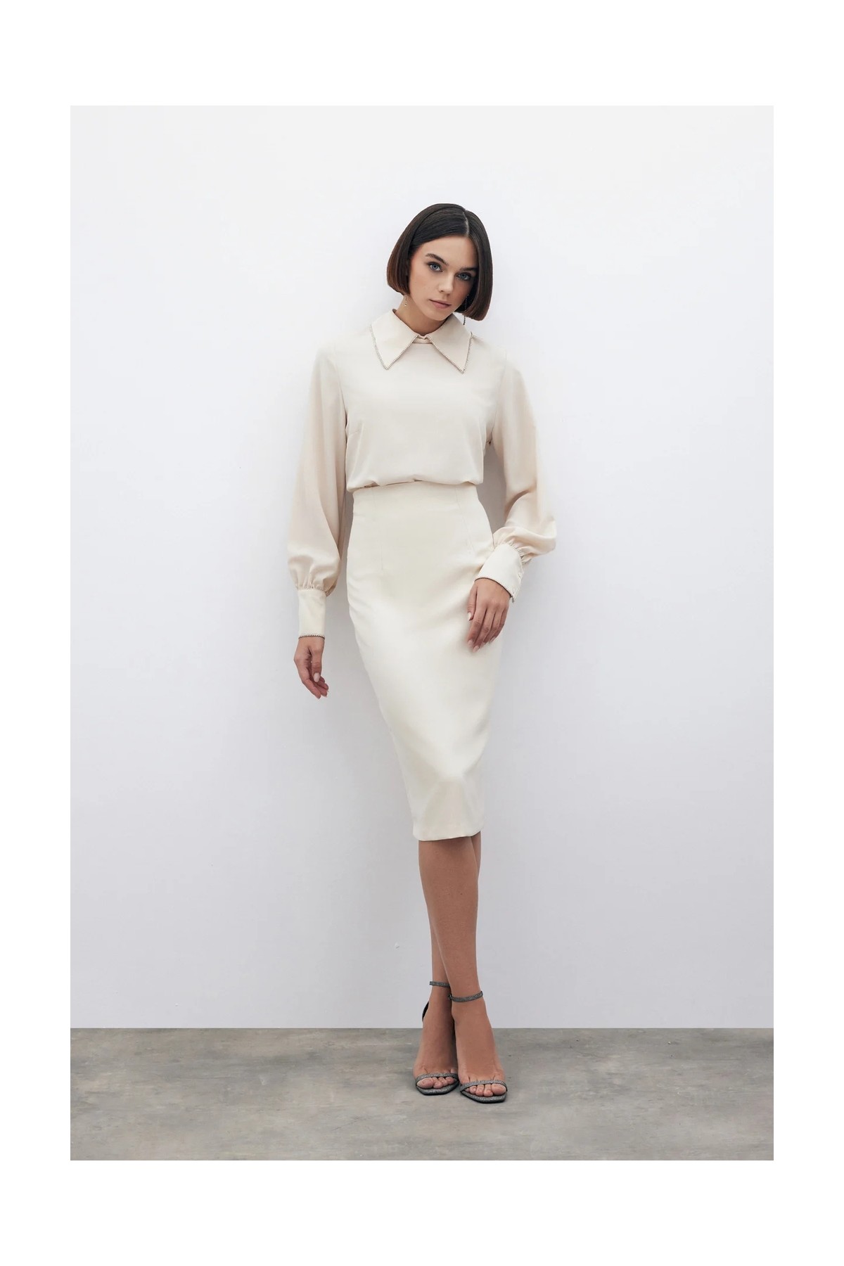 Sateen Düz Kalem Etek - Bej görsel 5
