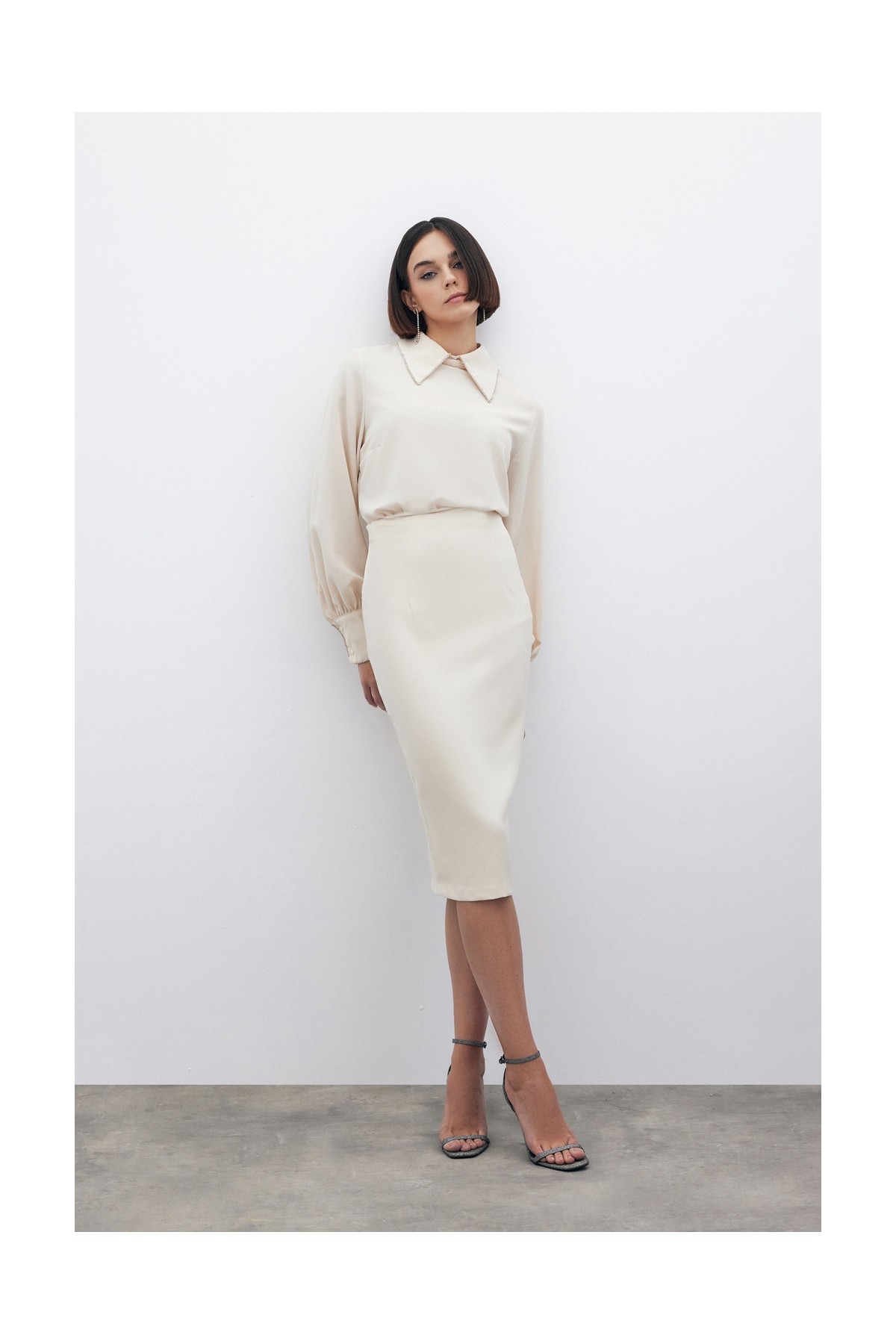 Sateen Düz Kalem Etek - Bej görsel 6