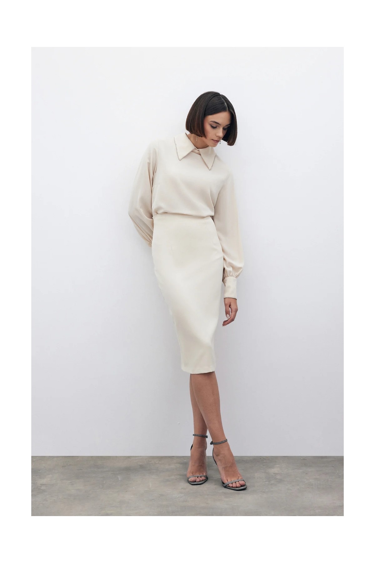 Sateen Düz Kalem Etek - Bej görsel 7