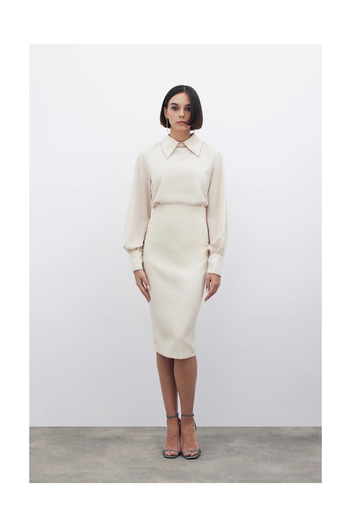 Sateen Düz Kalem Etek - Bej görsel 8