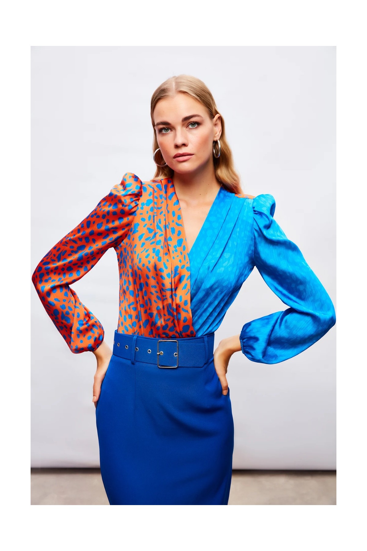 Sateen Kruvaze Desenli Bodysuit - Oranj-Sax Mavi görsel 6