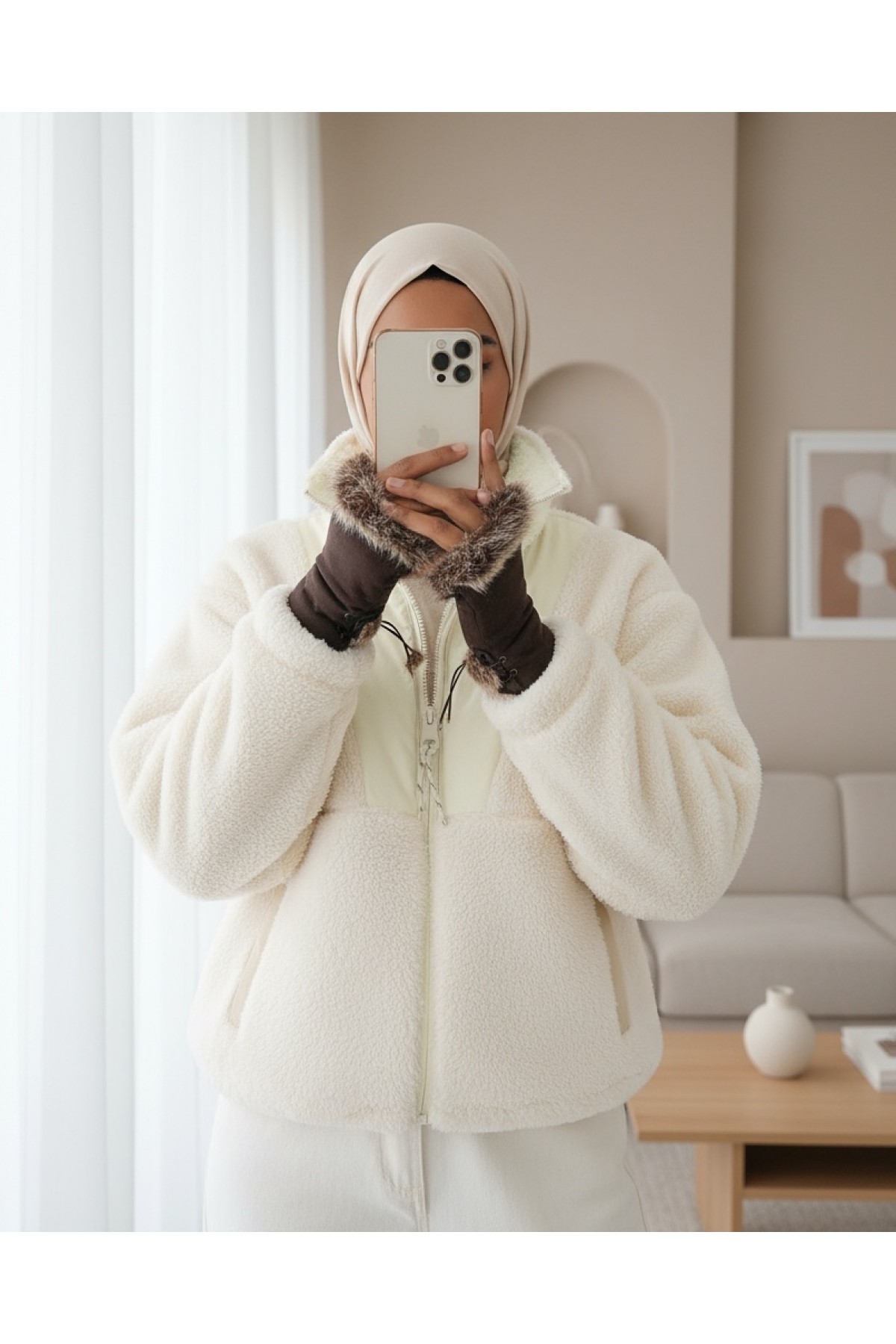 Moda Morfo İçi Astarlı Cepli Önü Fermuarlı Peluş Mont -Ekru