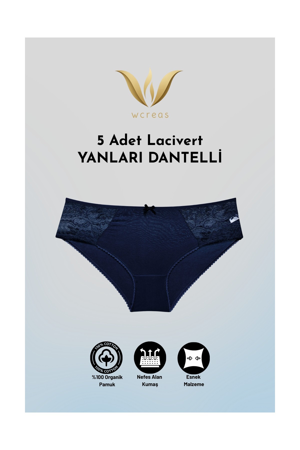 wcreas Yanları Dantelli Pamuklu Kadın Bato Külot, 5'li Paket Pamuklu Yumuşak Kumaş Dantelli Külot görsel 2