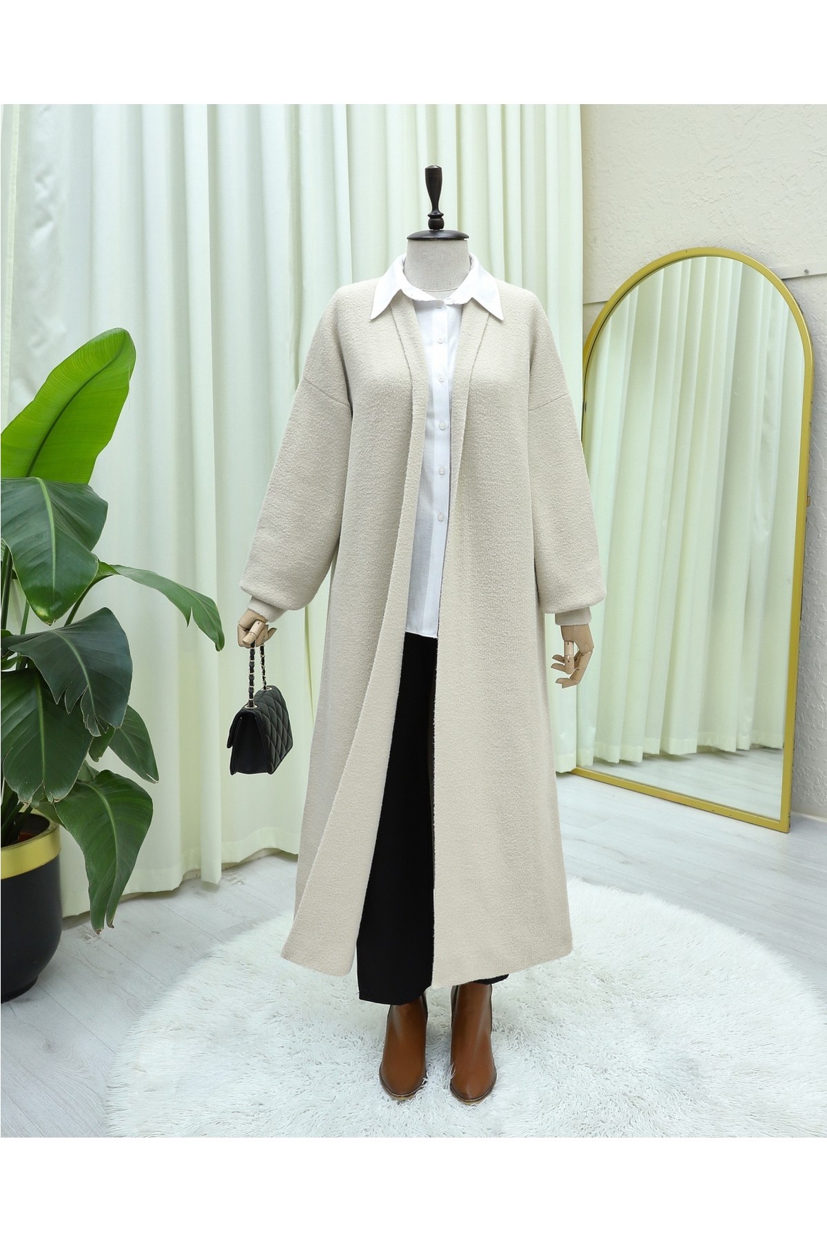 Moda Morfo Yakalı Uzun Salaş Yumoş Hırka -Ekru görsel 3