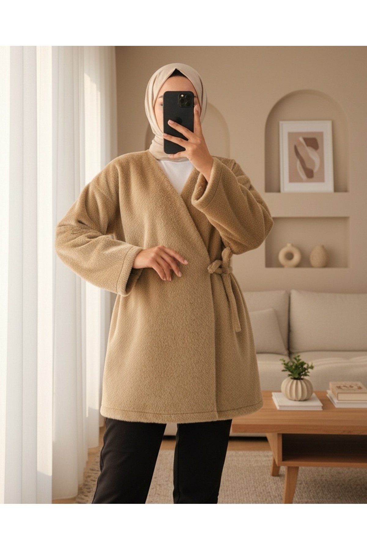 Moda Morfo Yandan Bağlamalı Kürklü Ceket -Vizon görsel 5