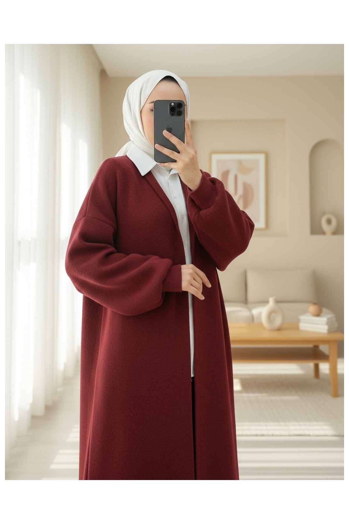 Moda Morfo Yakalı Uzun Salaş Yumoş Hırka -Ekru görsel 6