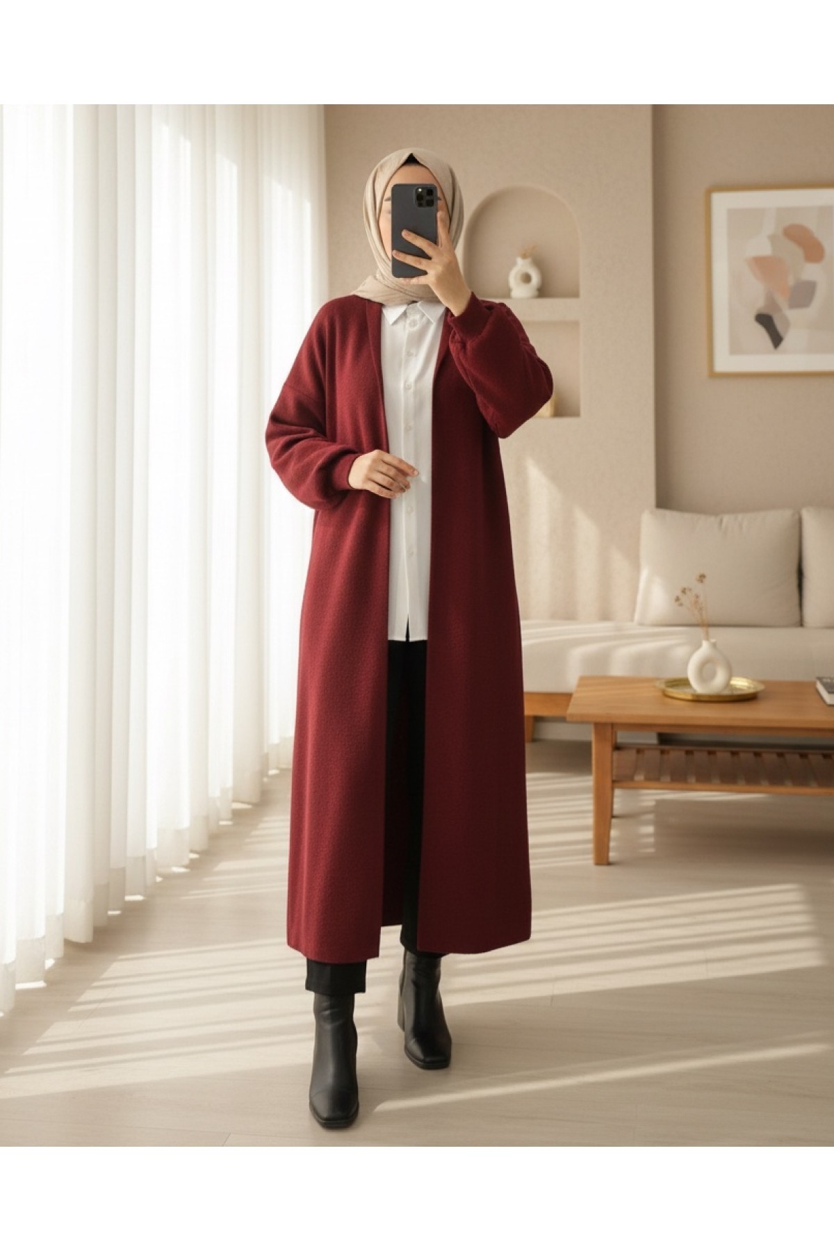 Moda Morfo Yakalı Uzun Salaş Yumoş Hırka -Ekru görsel 7