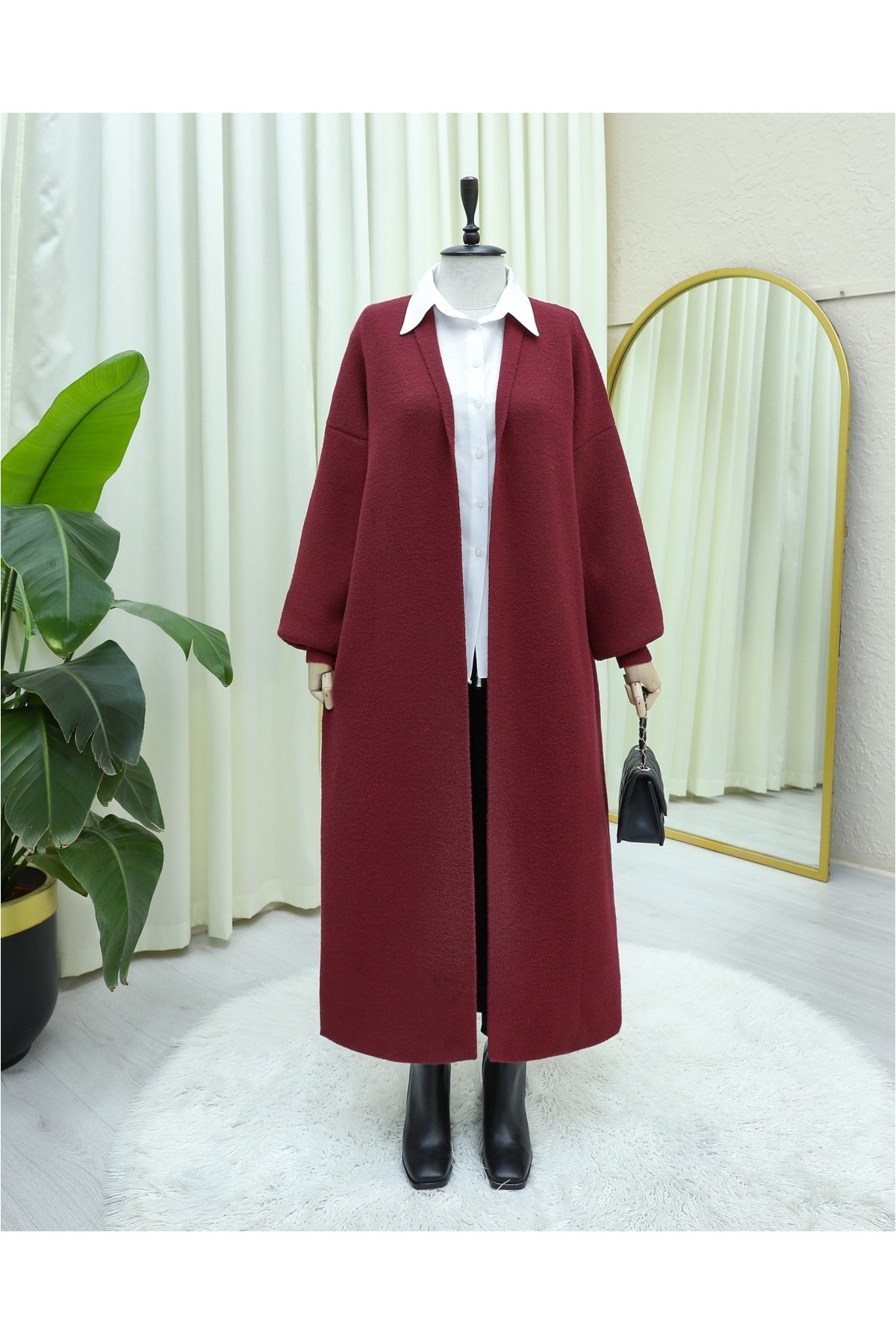 Moda Morfo Yakalı Uzun Salaş Yumoş Hırka -Ekru görsel 8